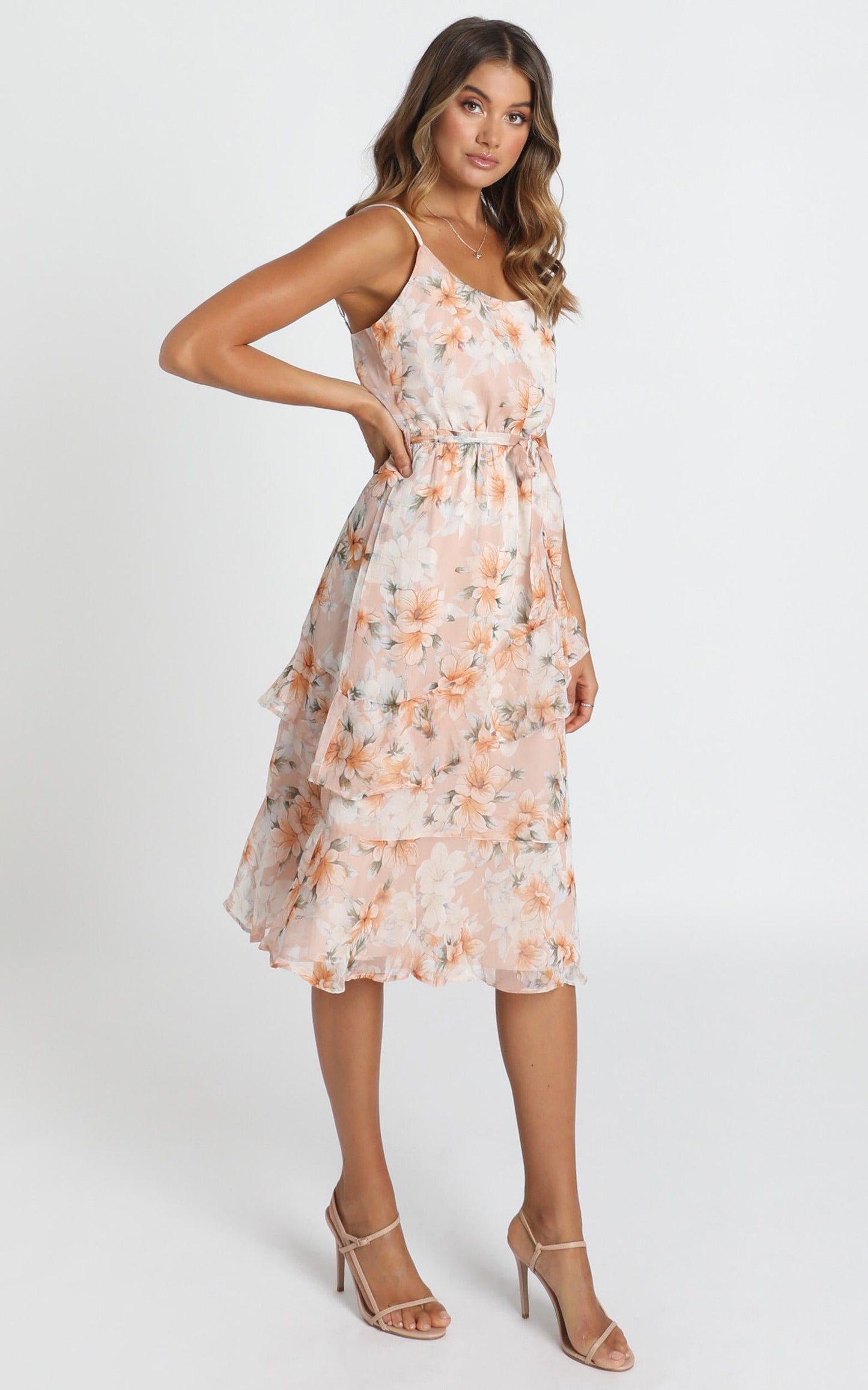 Dinah Frill Detail Midi Dress In Blush Floral