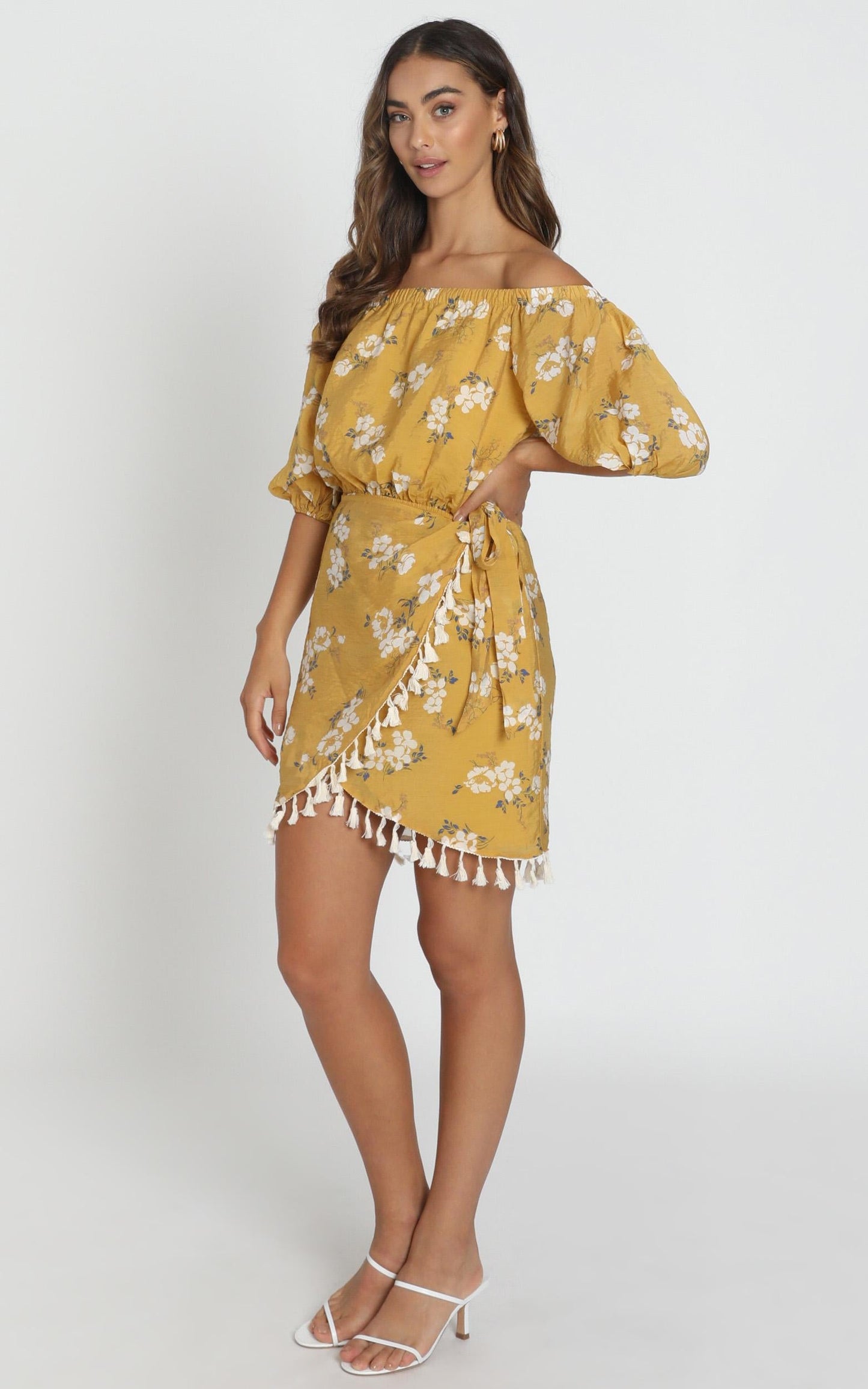 Ettie Bardot Dress in mustard floral
