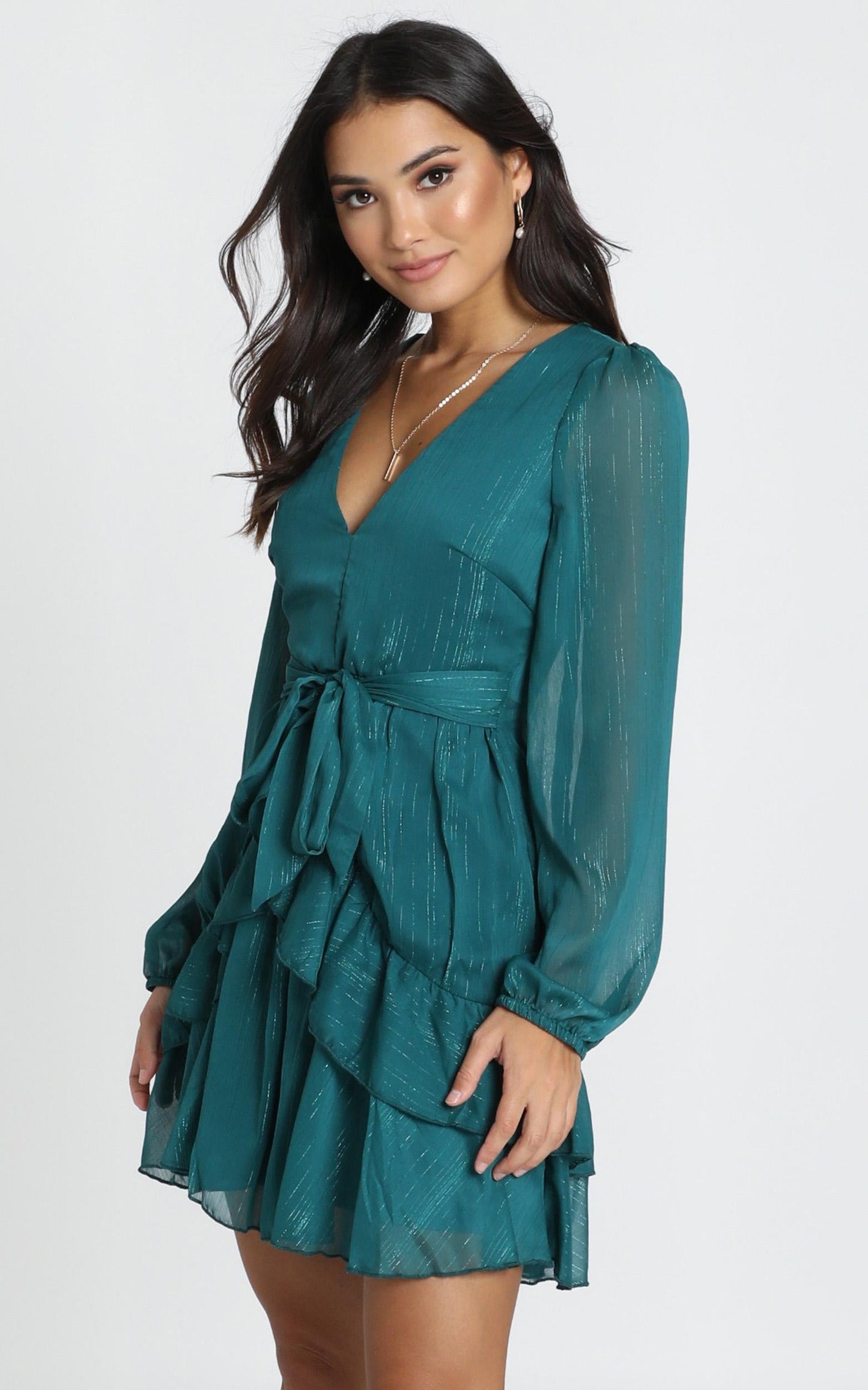 Eyes That Know Me Long Sleeve Ruffle Mini Dress in Teal