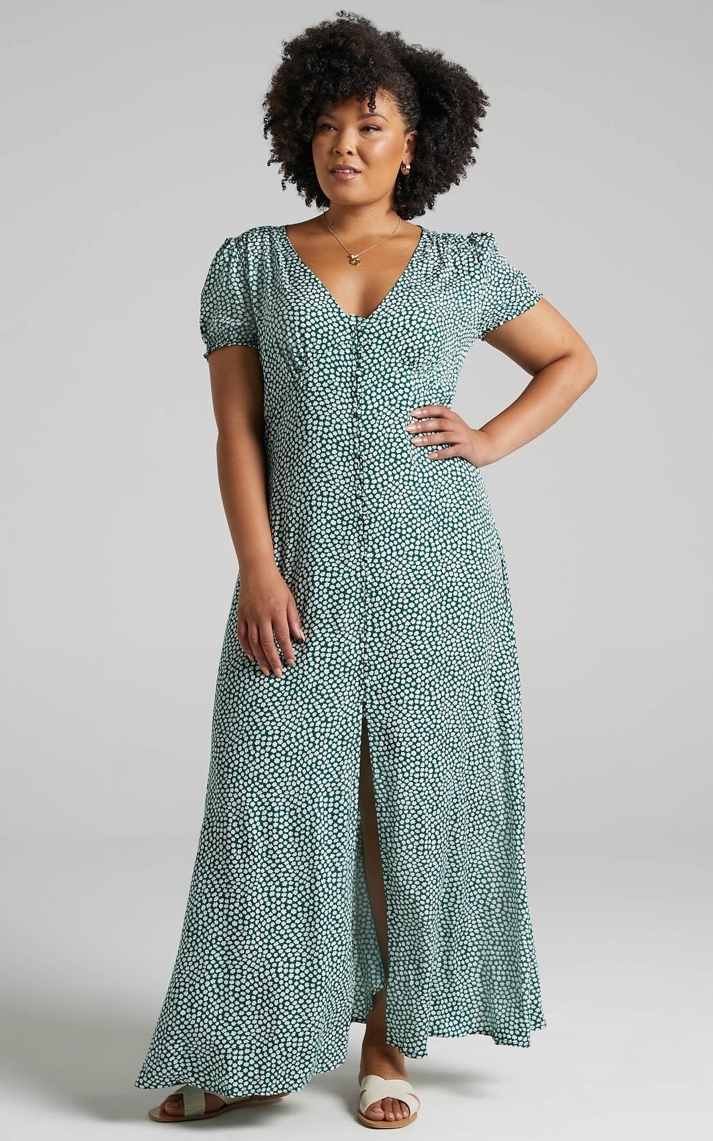 Flaming Hot Button Up V Neck Maxi Dress in Green Floral