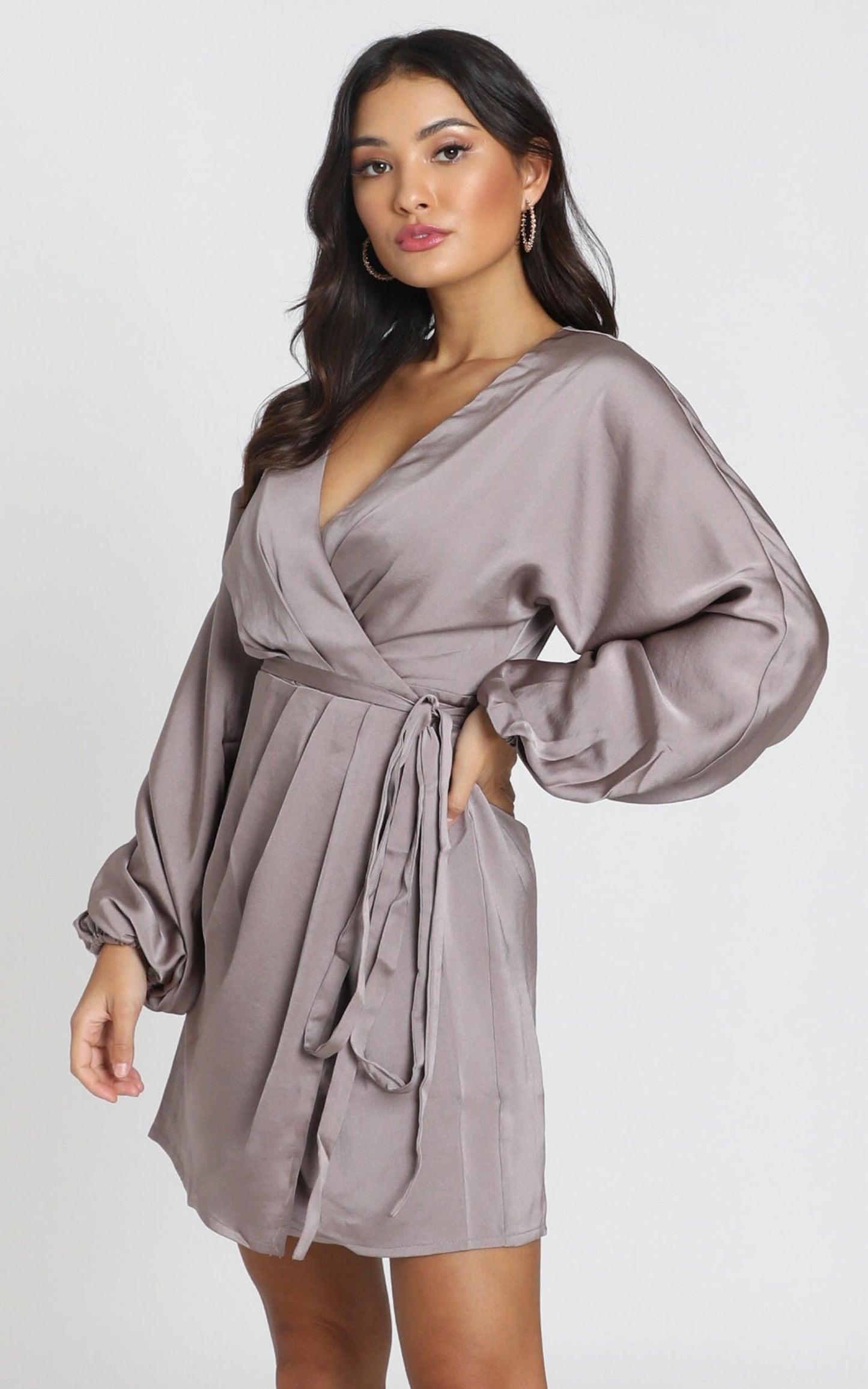Kassandra Long Sleeve Mini Dress in taupe satin