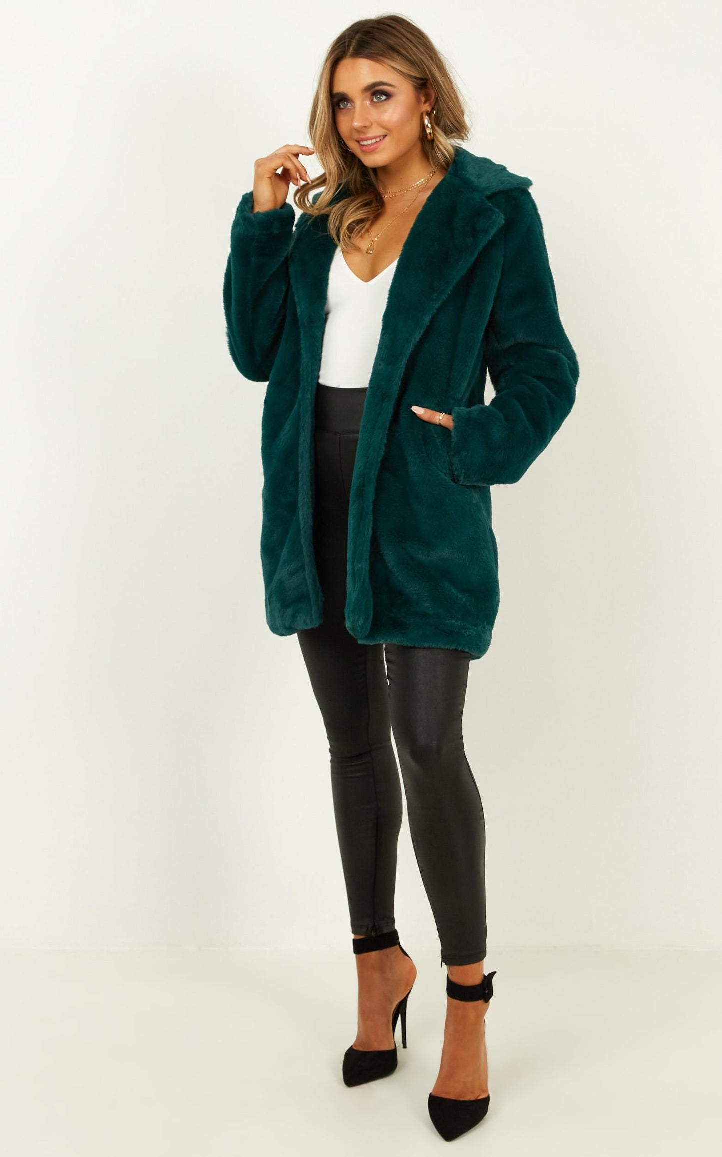 Leaning On You Coat in Emerald faux fur