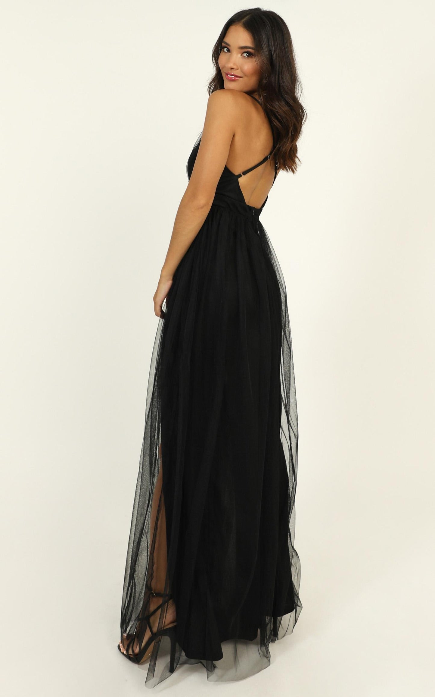Like A Vision Plunge Maxi Dress in Black Tulle
