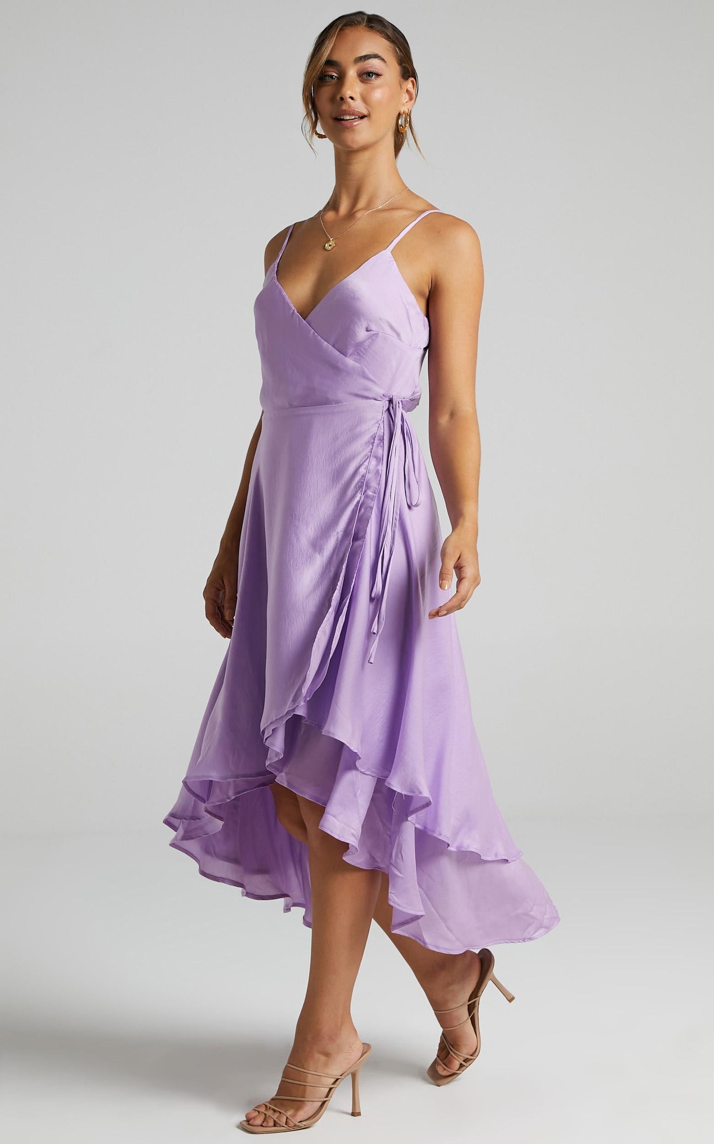Between Fantasy Midi Dress in Lilac Satin