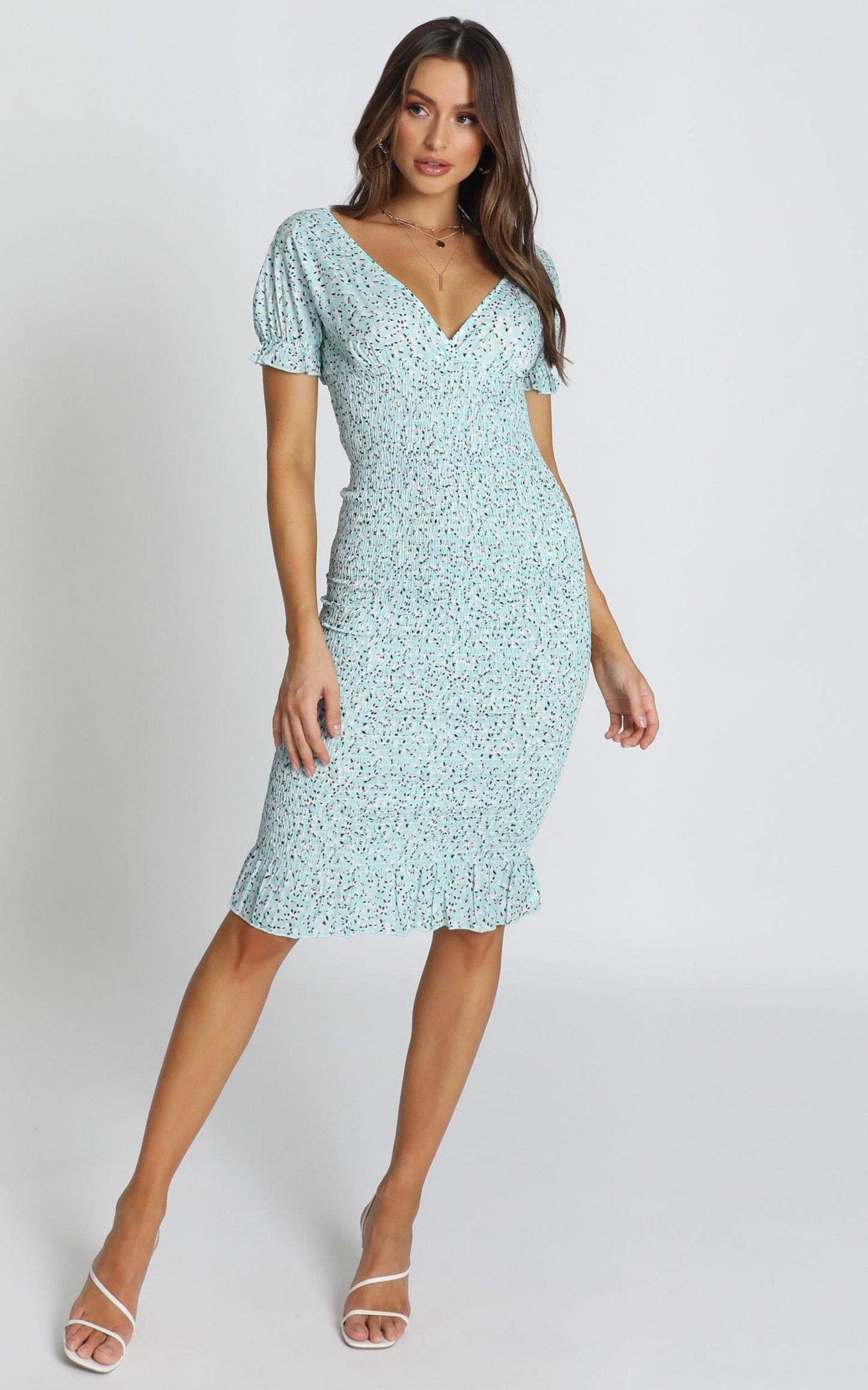Lucky Shirred Midi Dress in Sage Floral