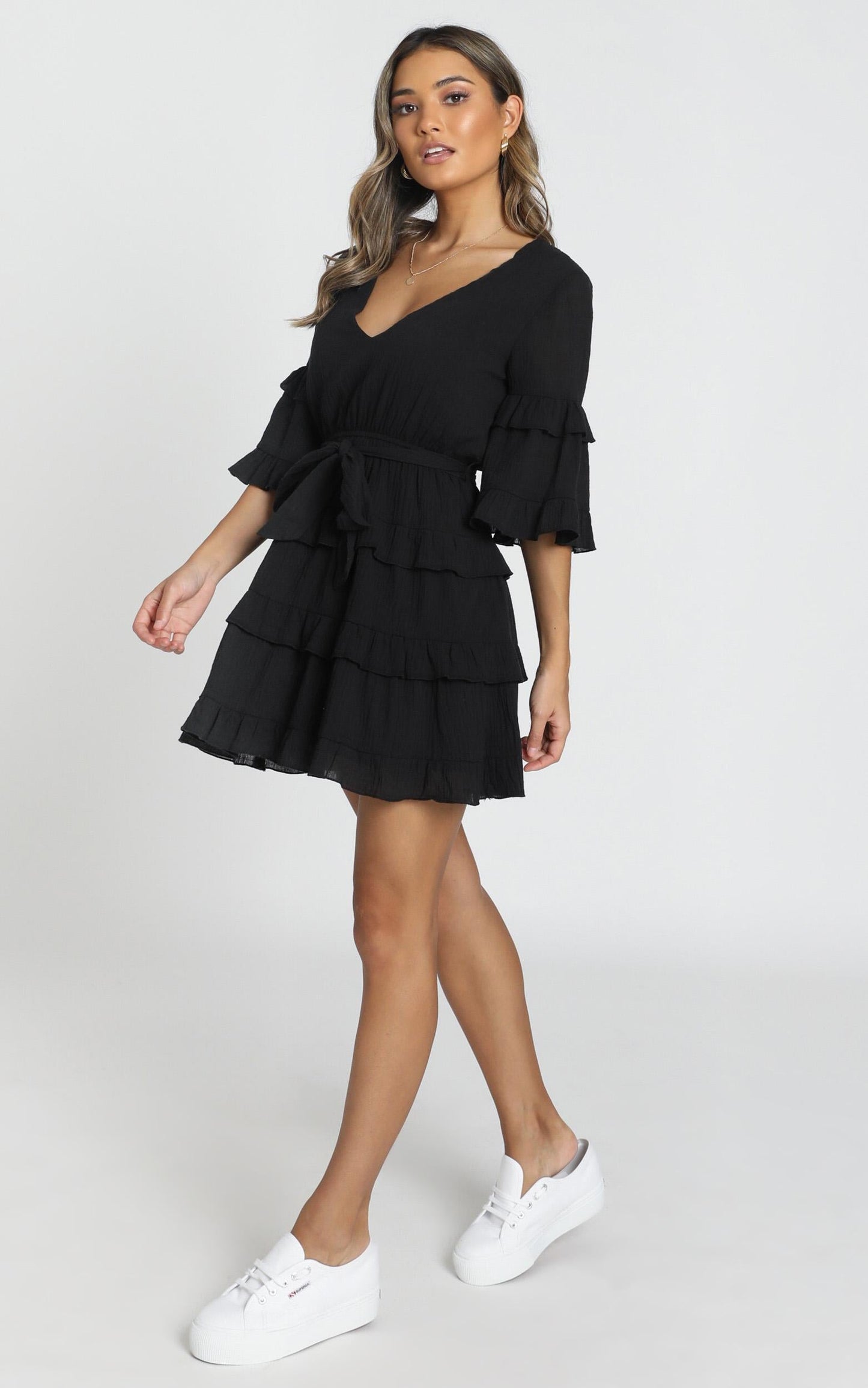 Meet Me In The Sun Mini Dress - Tie Waist Tiered Dress in Black