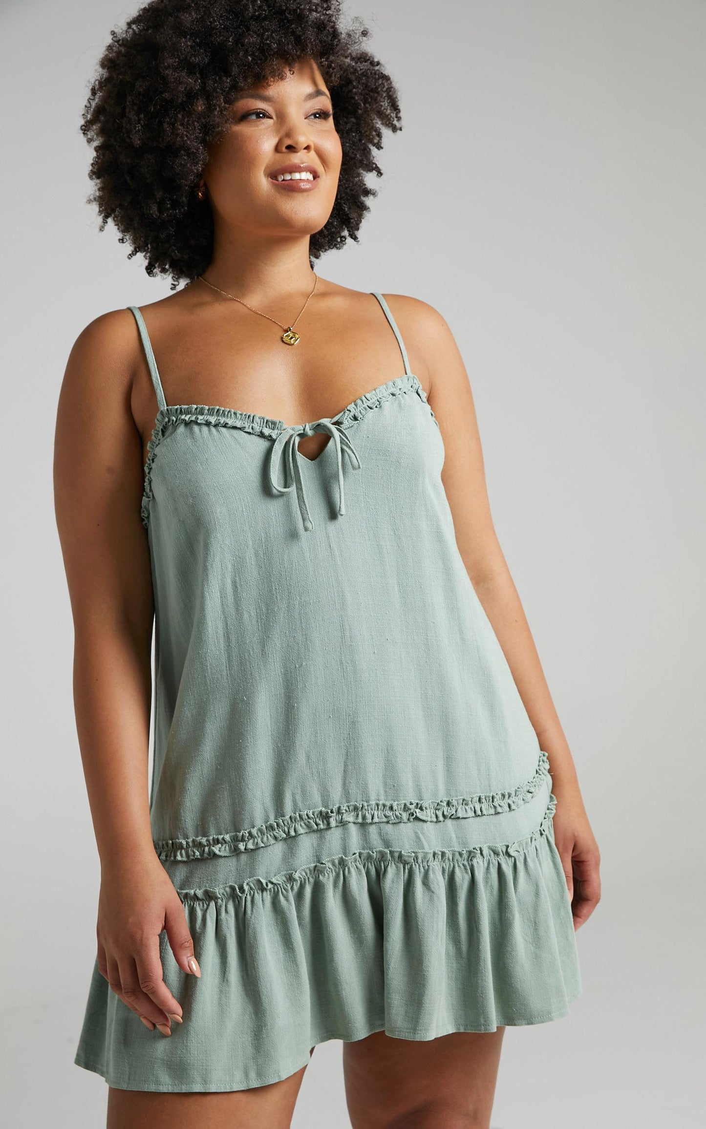 Olinda Ruffle Trim Mini Dress in Sage Linen Look