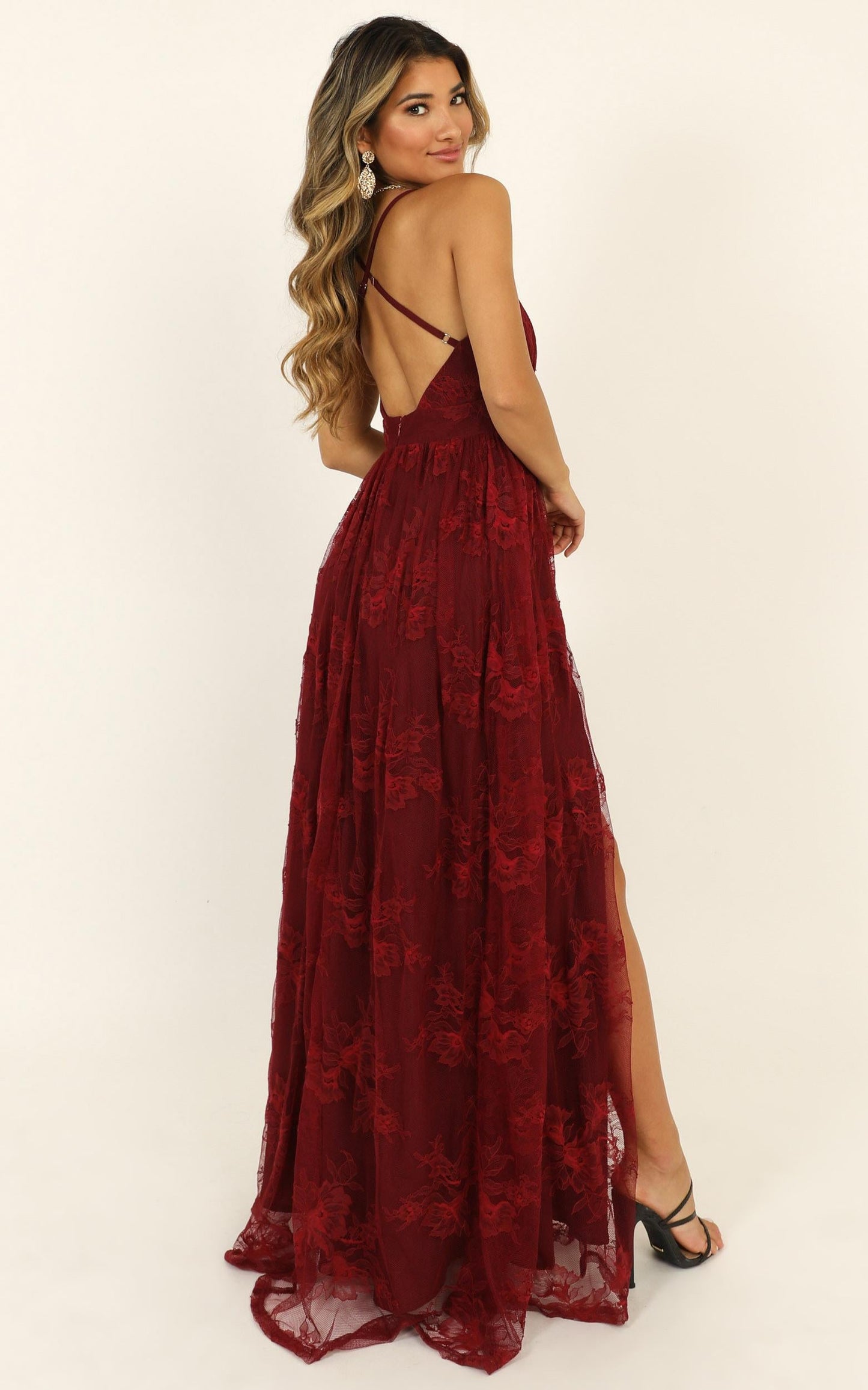 Prom Loving Plunge Maxi Dress in Wine Lace