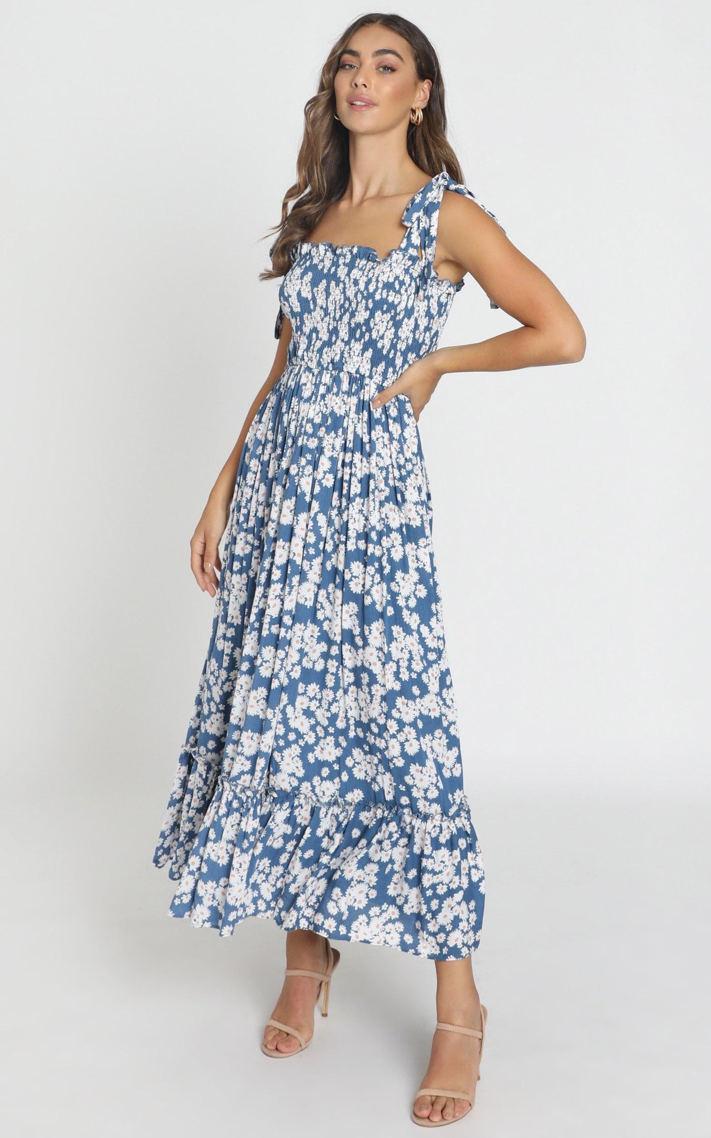 Rochelle Shirred Bodice Maxi Dress In Navy Floral