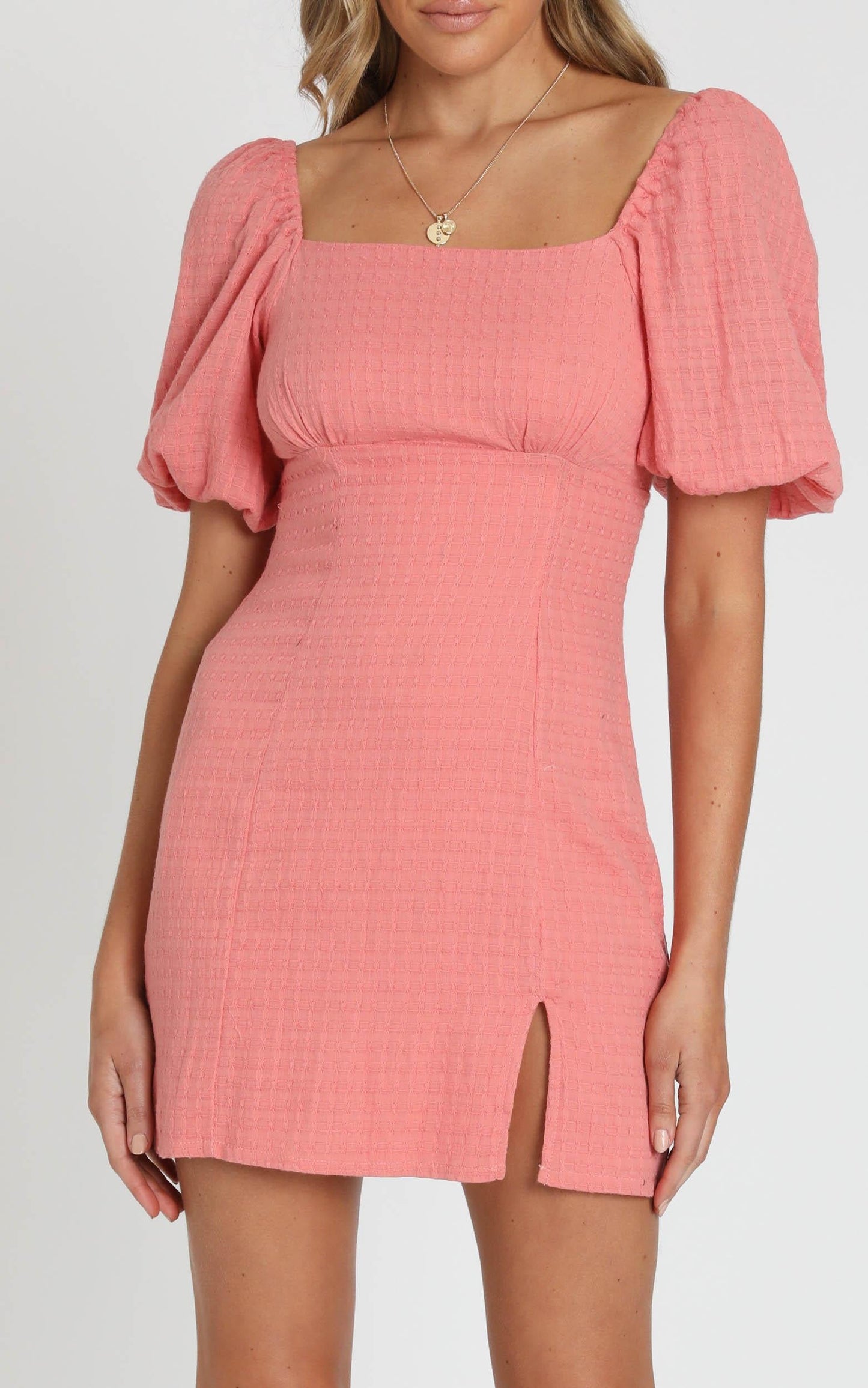 Electric Babe Square Neck Puff Sleeve Mini Dress in Coral