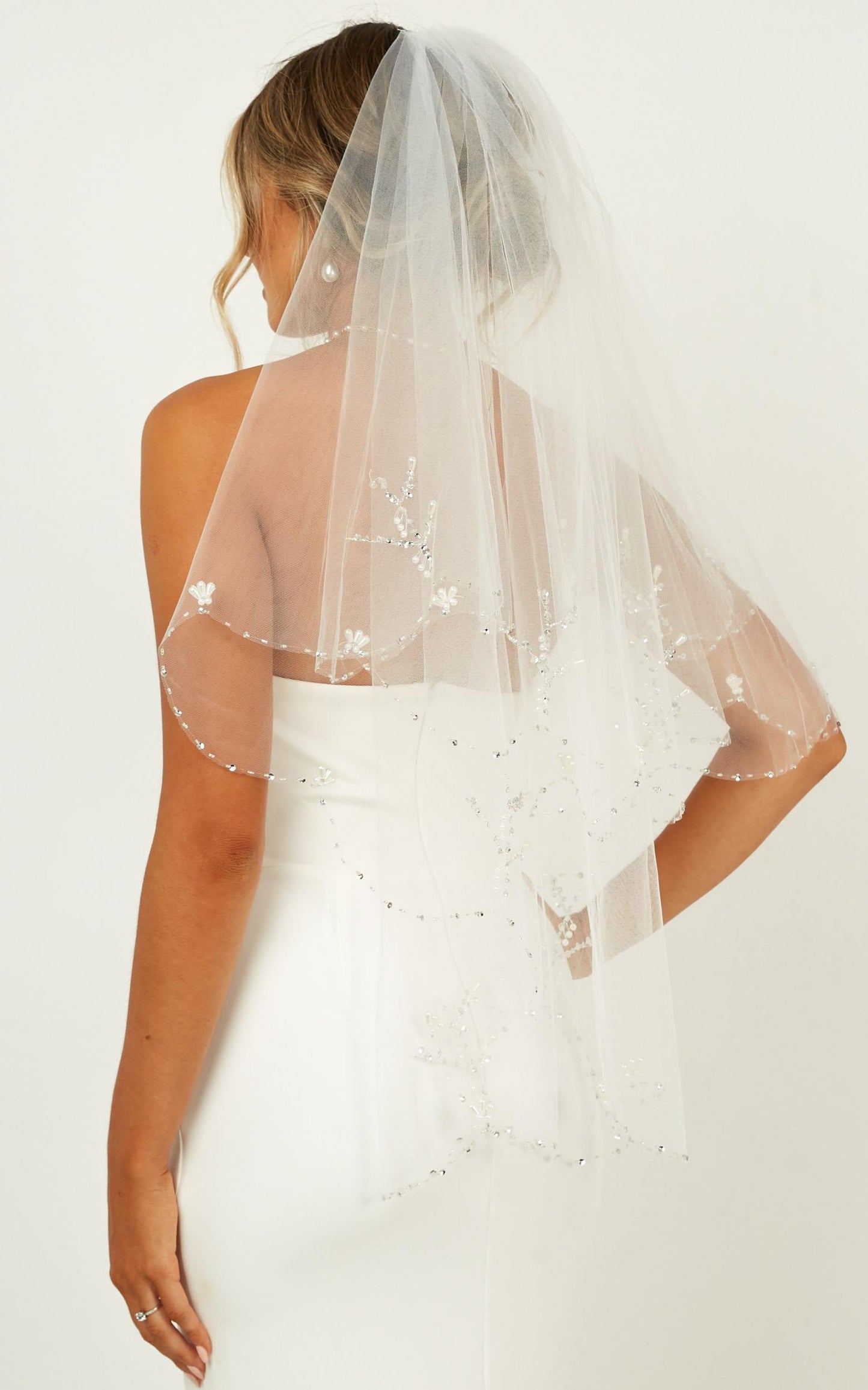 Say The Word Veil In White With Pearl Embellishment