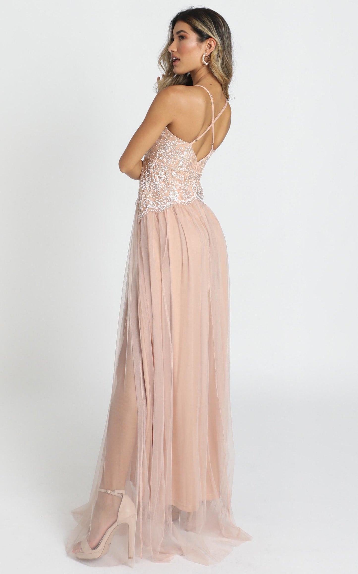 Show Me Love Mesh Maxi Dress In Rose Gold Glitter