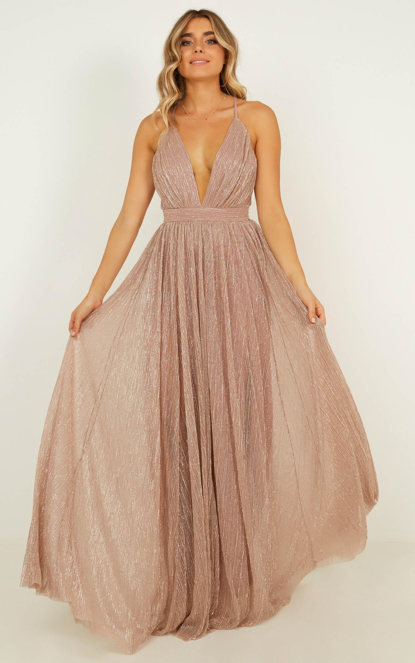 Simply Perfection Maxi Dress In Blush Lurex Mesh