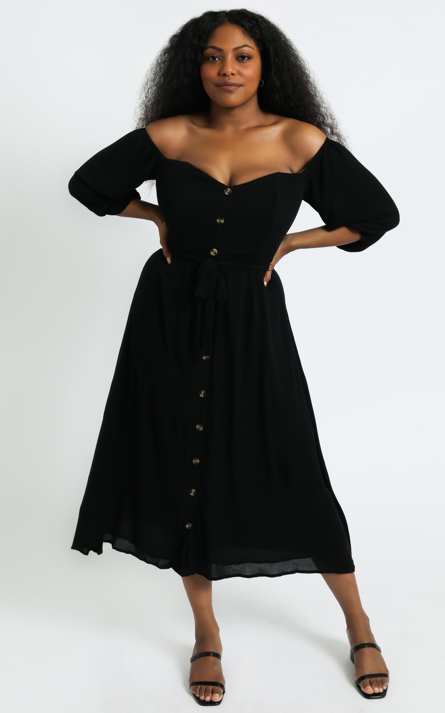 Sorrento Dreaming Midi Dress - Off Shoulder Sleeve Button Through Dress in Black Linen Look