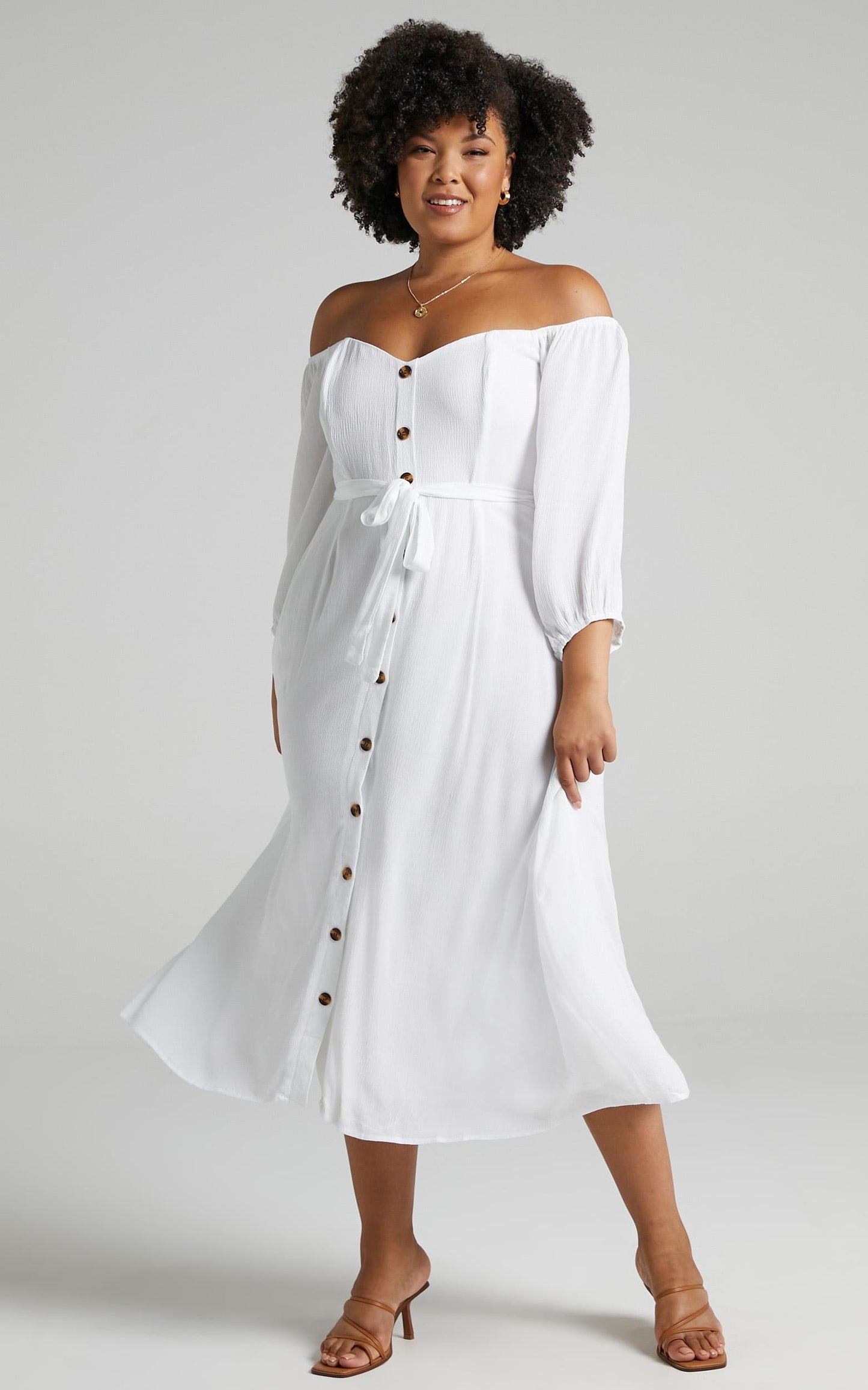 Sorrento Dreaming Midi Dress - Off Shoulder Sleeve Button Through Dress in White Linen Look