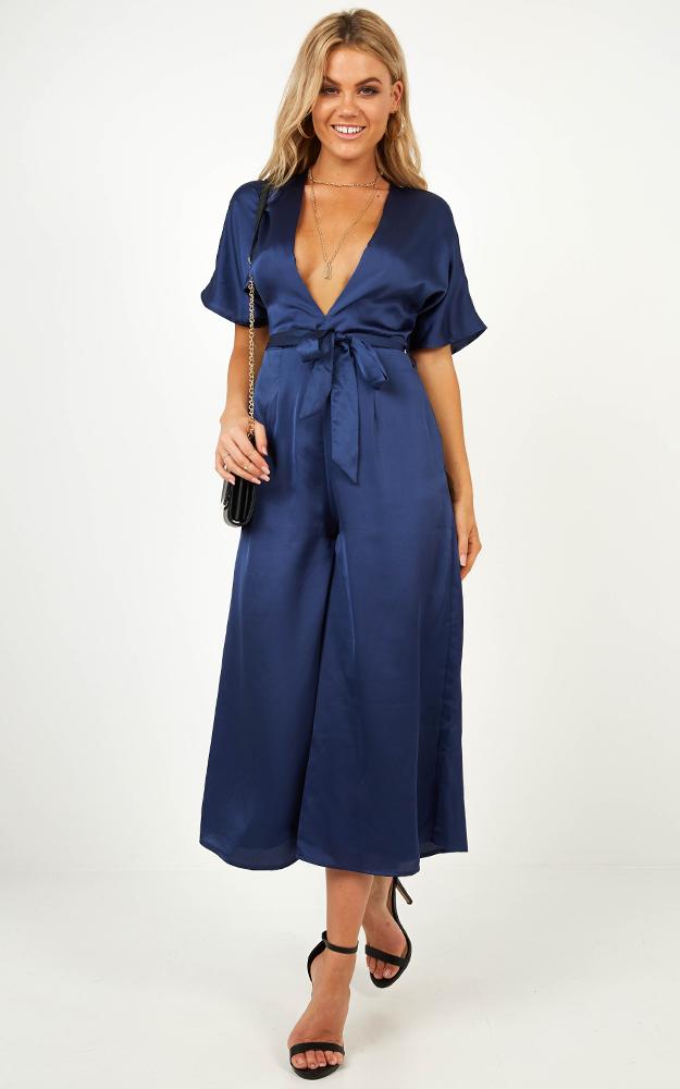 Starting The Night Jumpsuit In Navy Satin