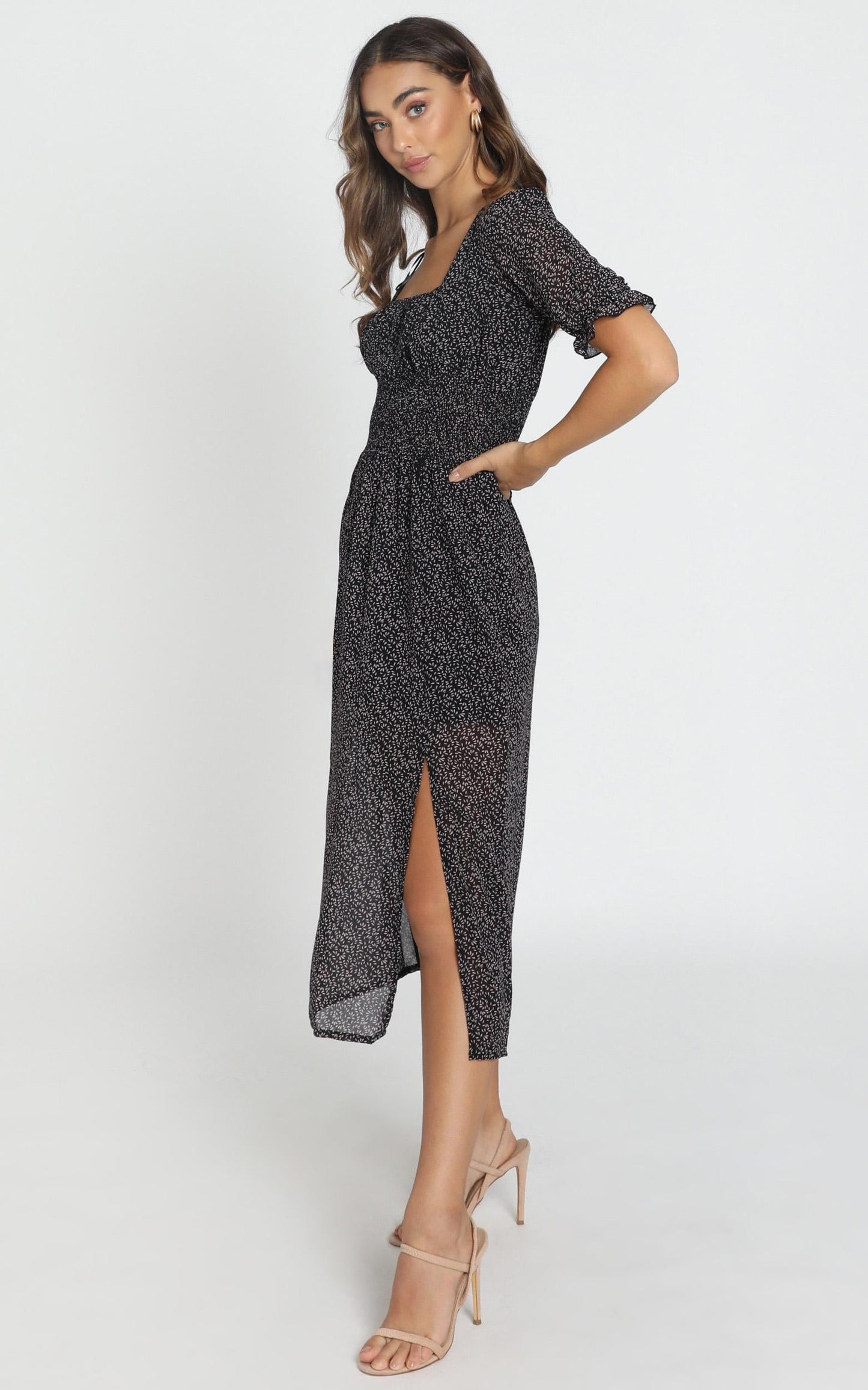 Stella Shirred Waist Midi Dress in Black Floral