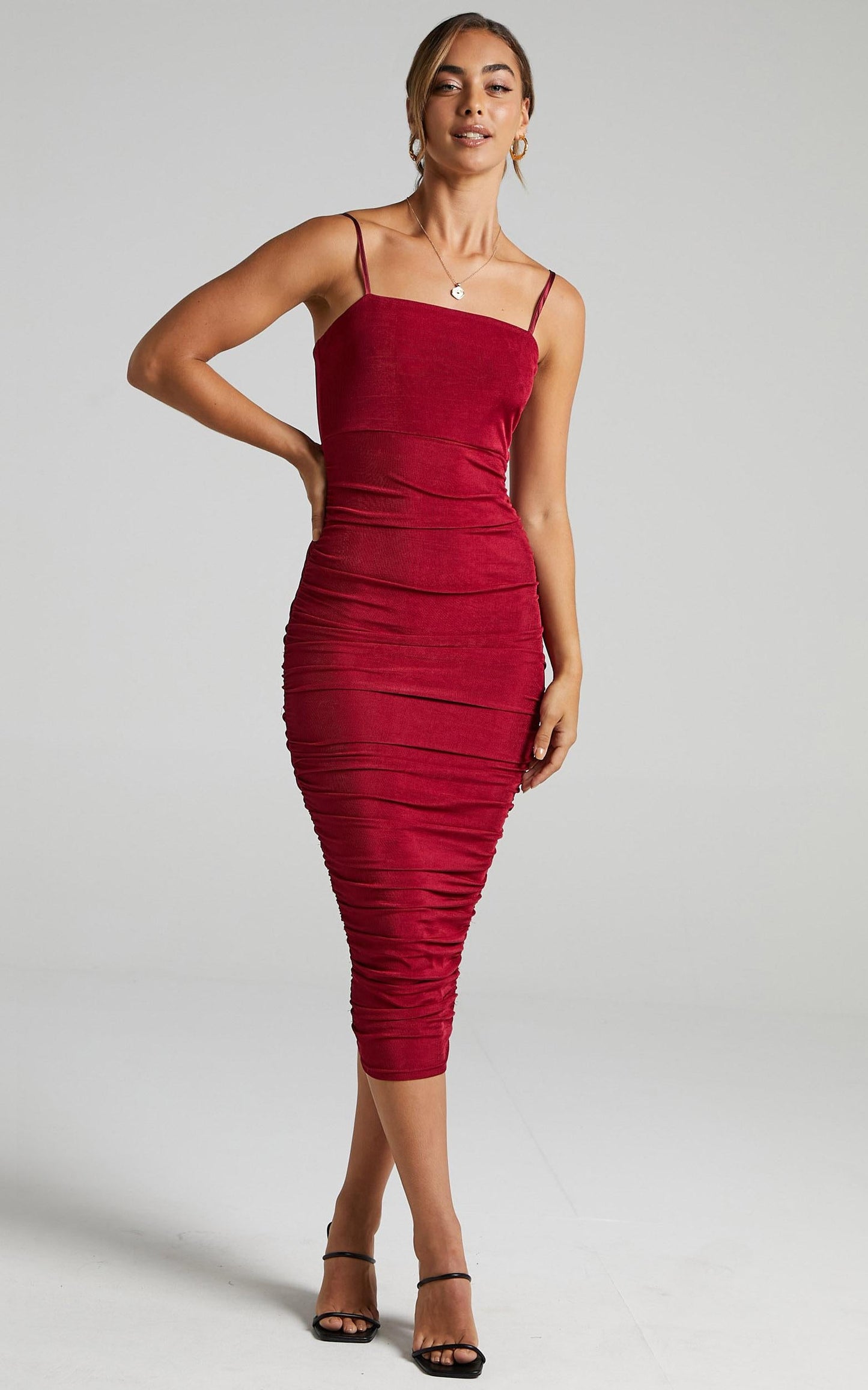 Commit To Me Midi Dress - Strappy Bodycon Dress in Wine