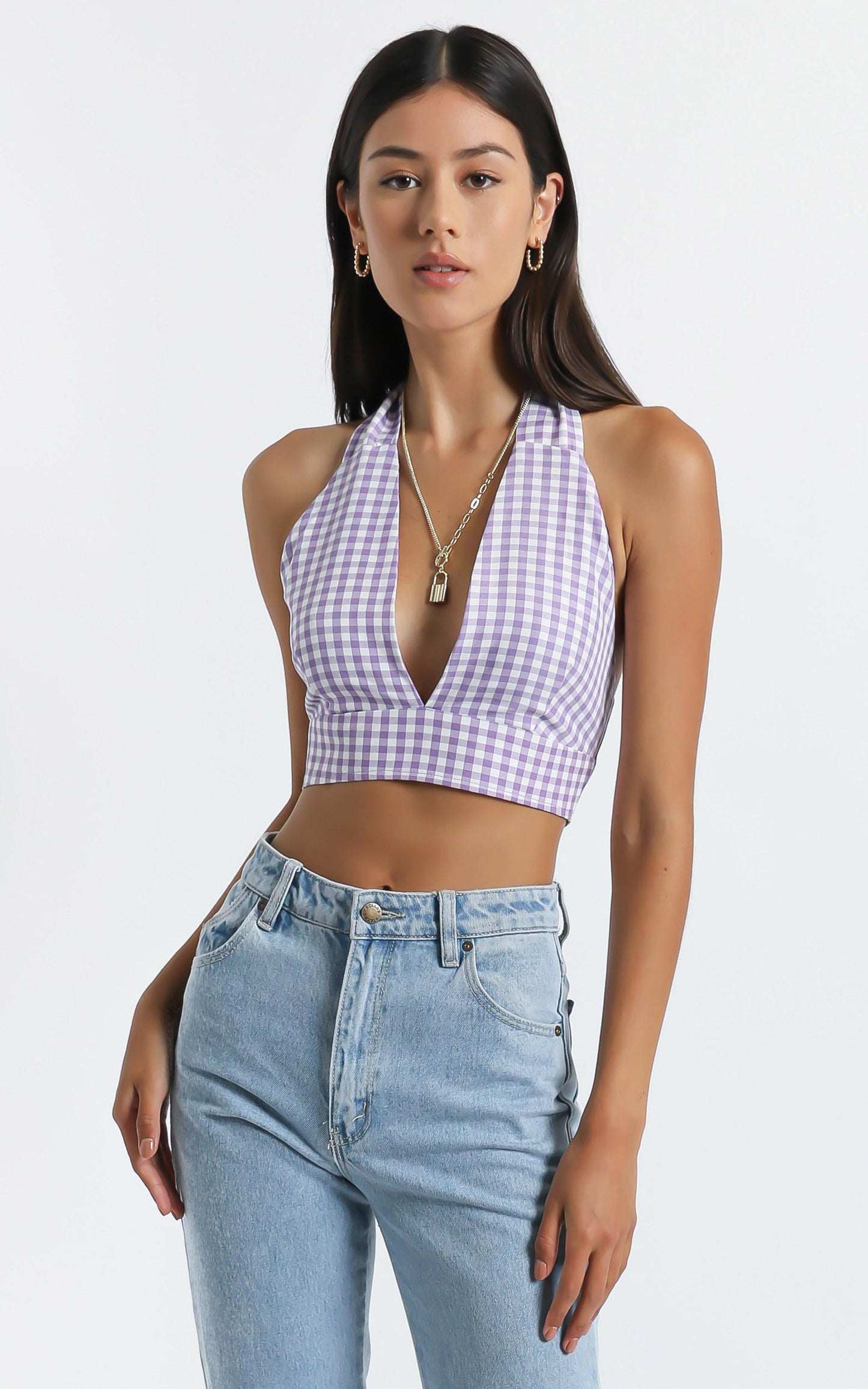 Kady Top - Deep V Halter Crop Top in Purple Check