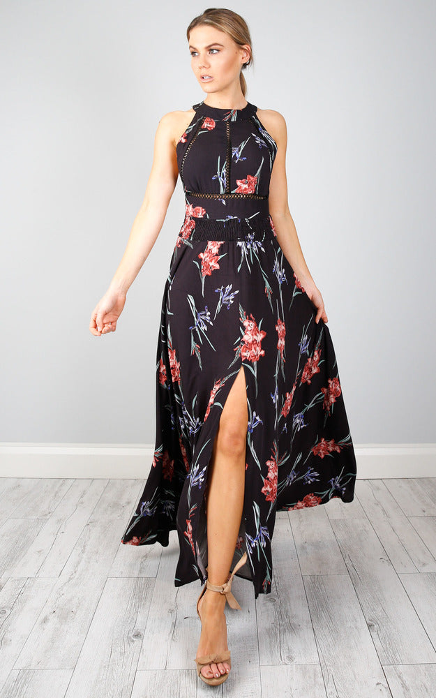 Run Alone Maxi Dress In Black Tropical Floral