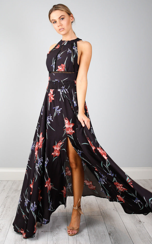 Run Alone Maxi Dress In Black Tropical Floral