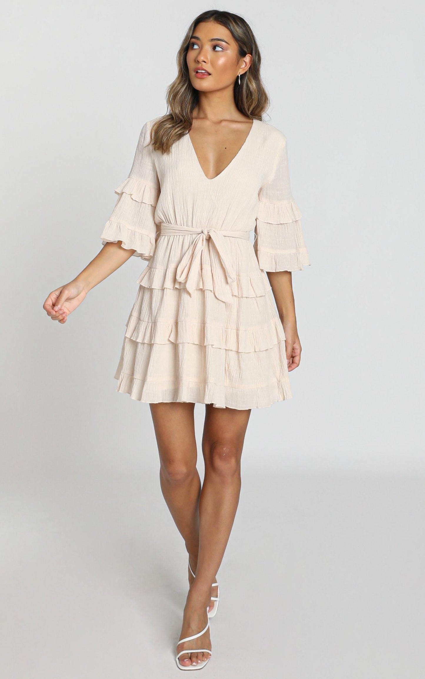 Meet Me In The Sun Tie Waist Tiered Mini Dress in Natural