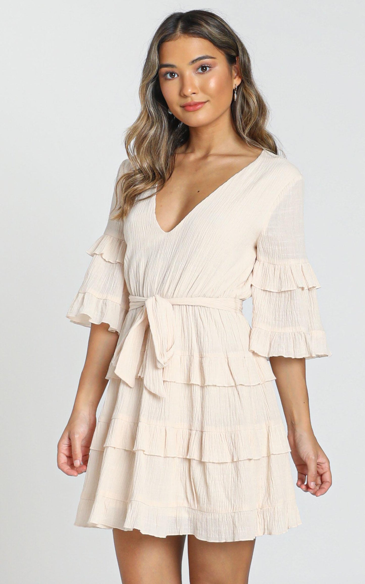 Meet Me In The Sun Tie Waist Tiered Mini Dress in Natural