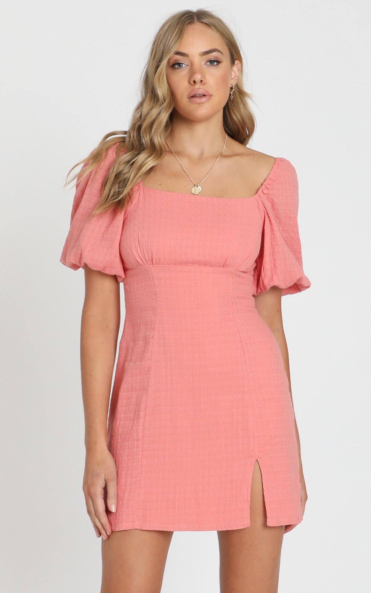 Electric Babe Square Neck Puff Sleeve Mini Dress in Coral