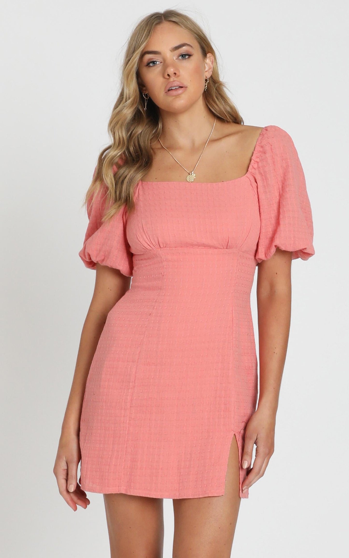 Electric Babe Square Neck Puff Sleeve Mini Dress in Coral