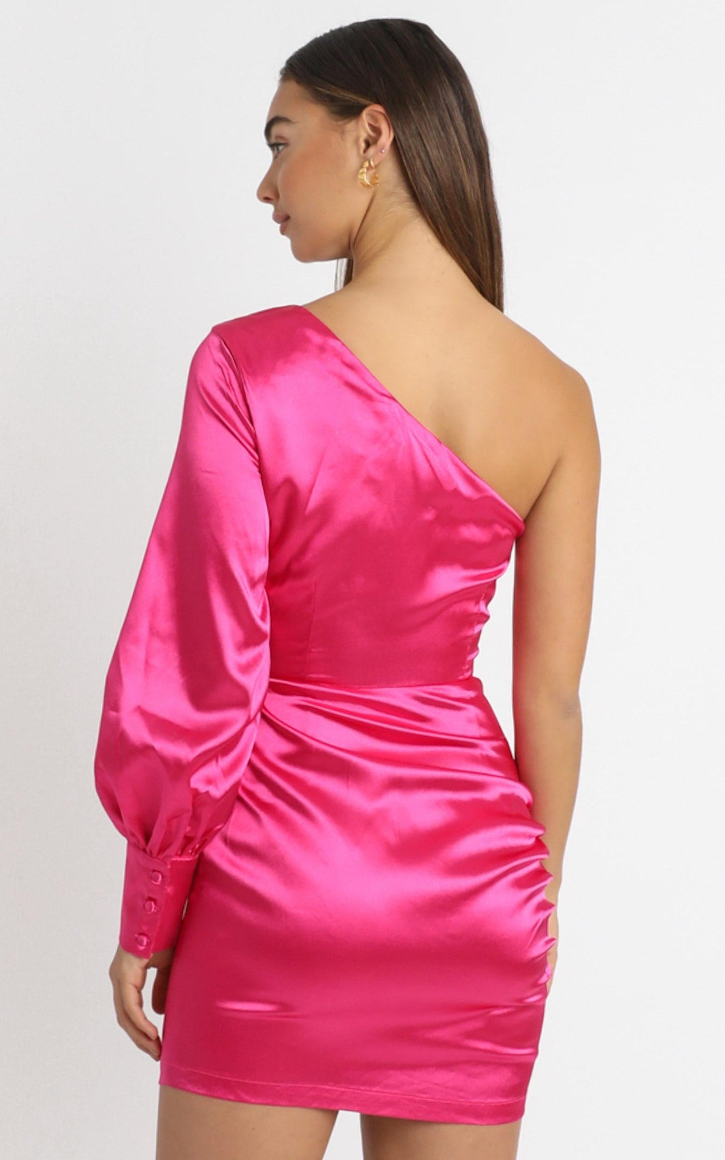 Eve One Shoulder Mini Dress in Hot Pink Satin