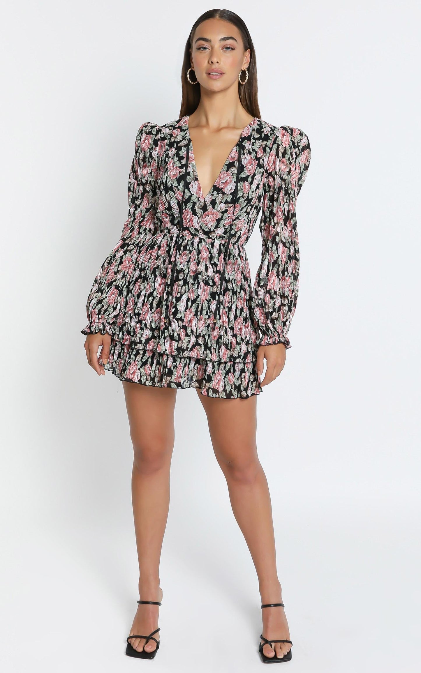 Eloise Long Sleeve Mini Dress in Pleated Rose Floral
