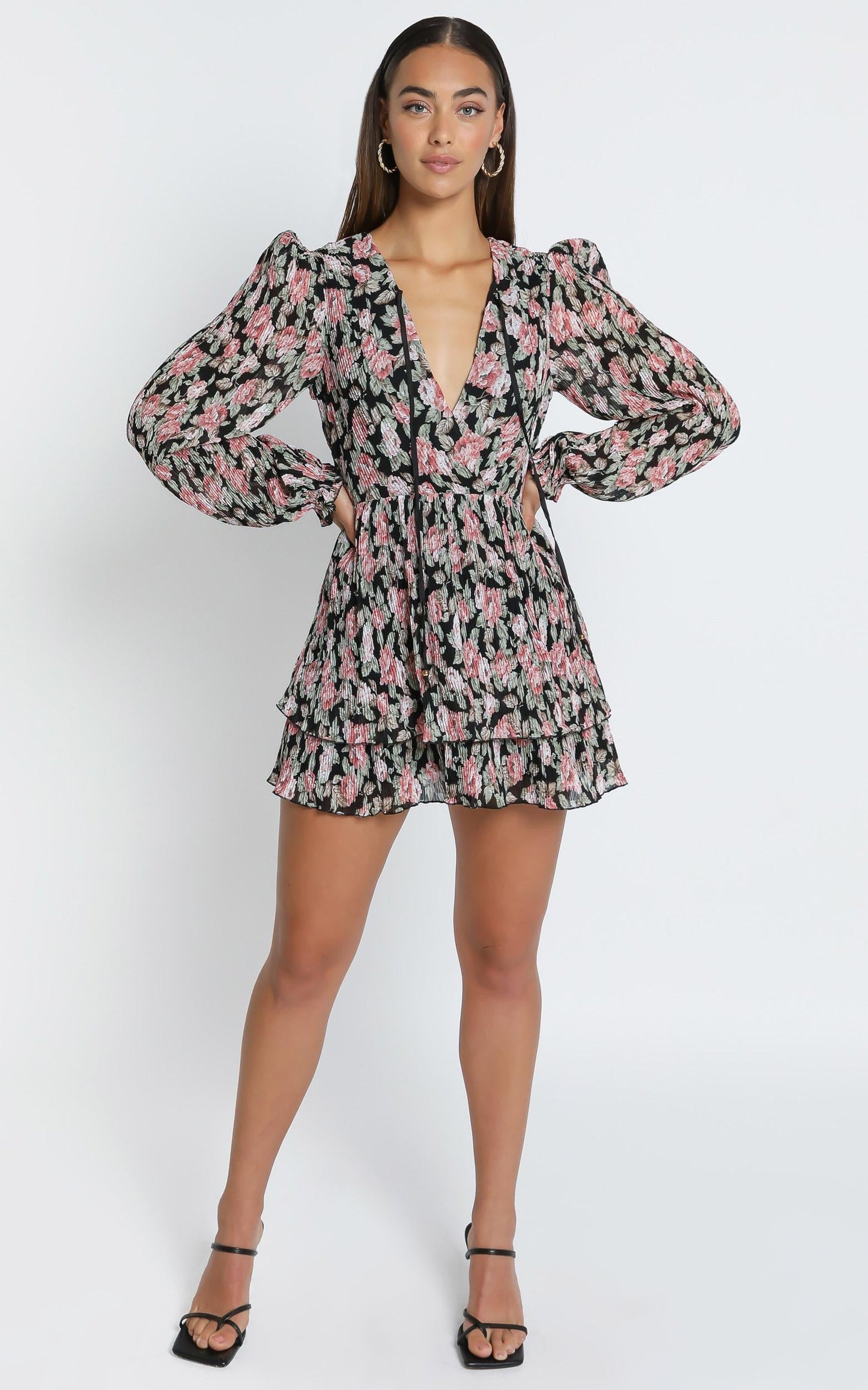 Eloise Long Sleeve Mini Dress in Pleated Rose Floral