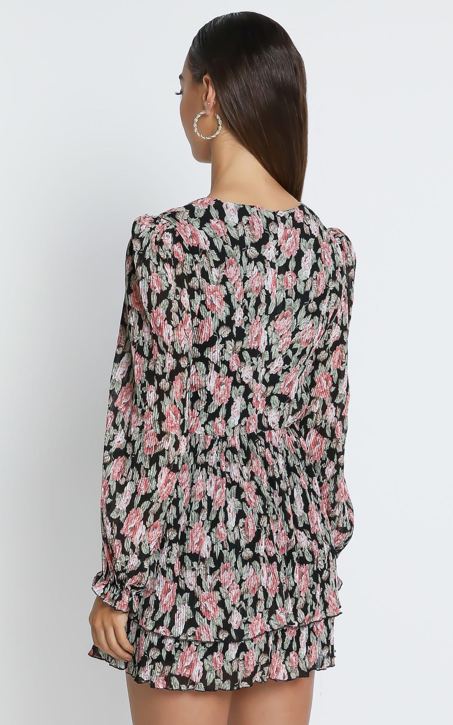Eloise Long Sleeve Mini Dress in Pleated Rose Floral