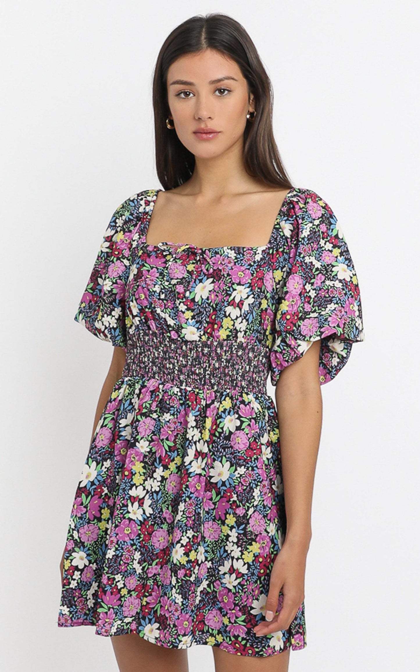 Phoebe Ruched Mini Dress in Forest Floral