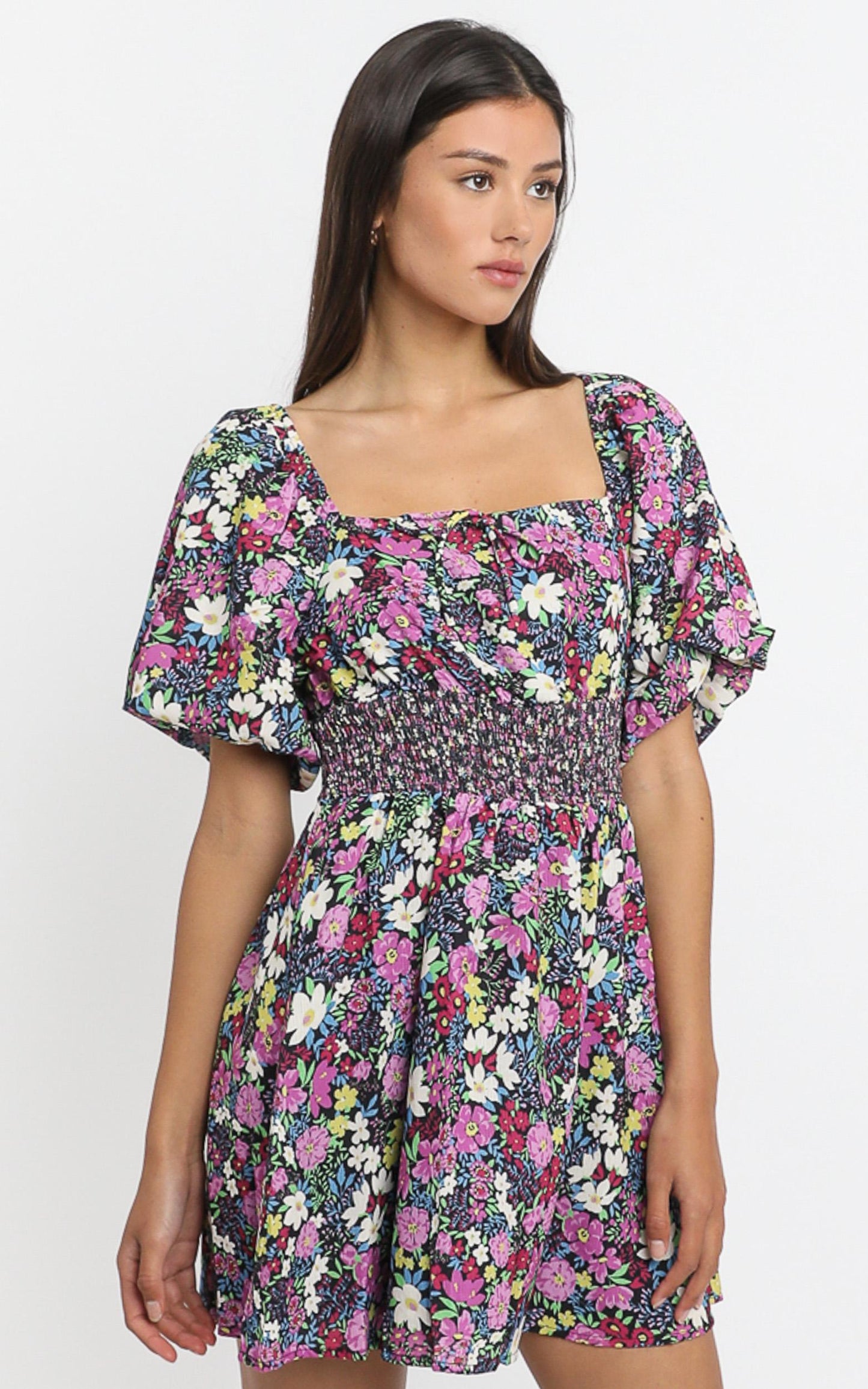 Phoebe Ruched Mini Dress in Forest Floral