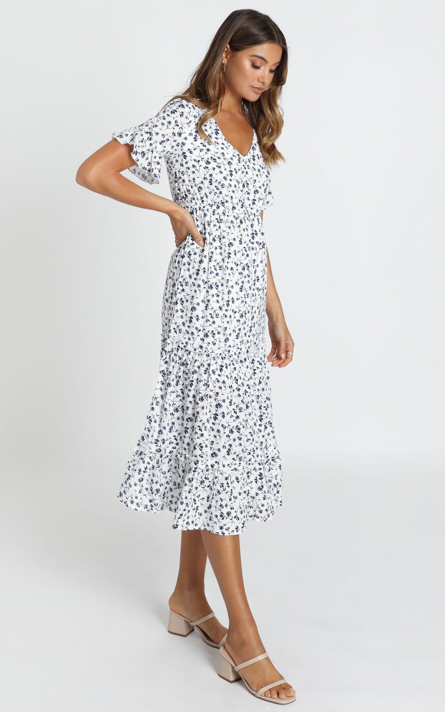 Sadie Midi Dress In White Floral