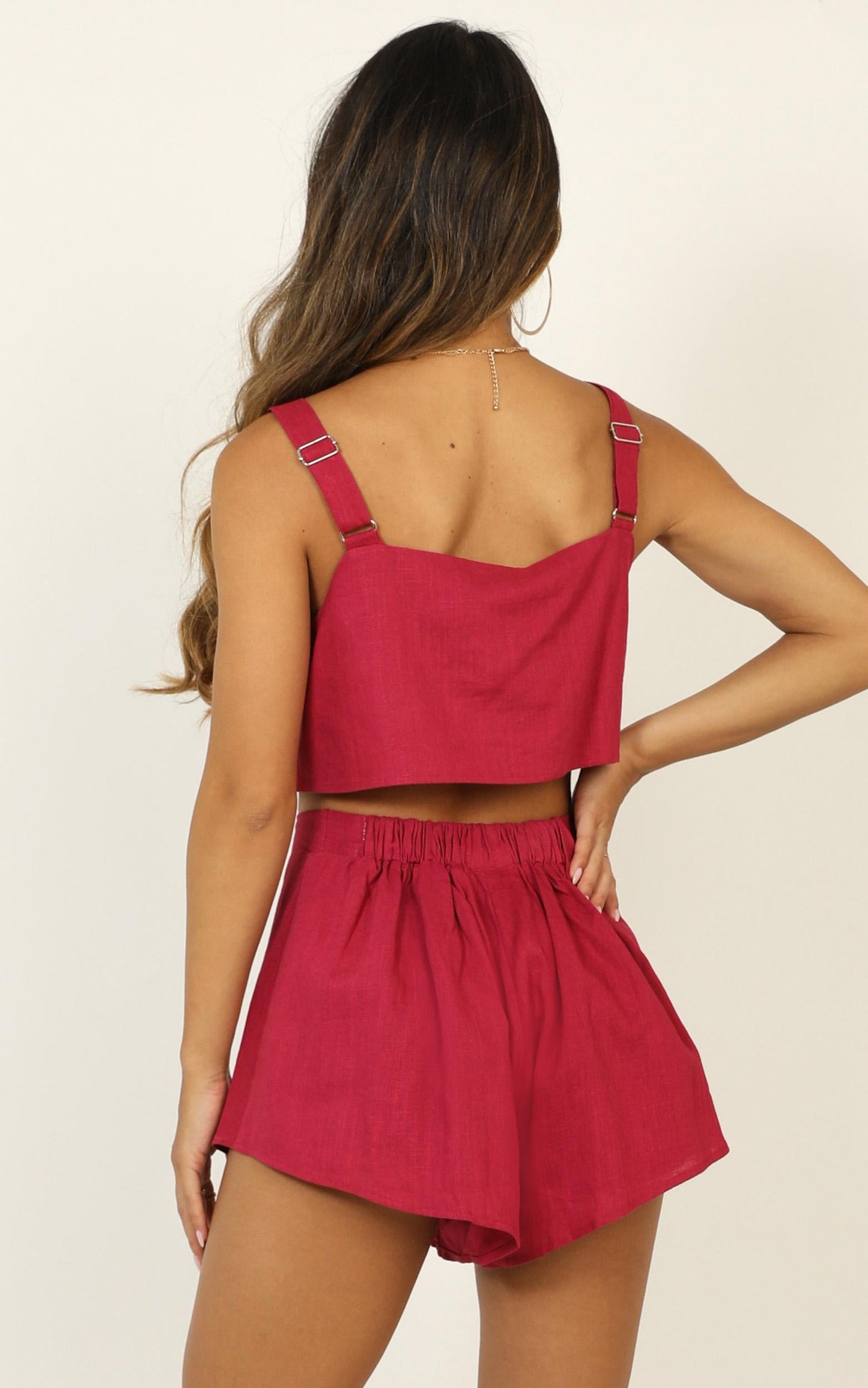 Zanrie Square Neck Crop Top and High Waist Mini Flare Shorts in Berry Linen Look