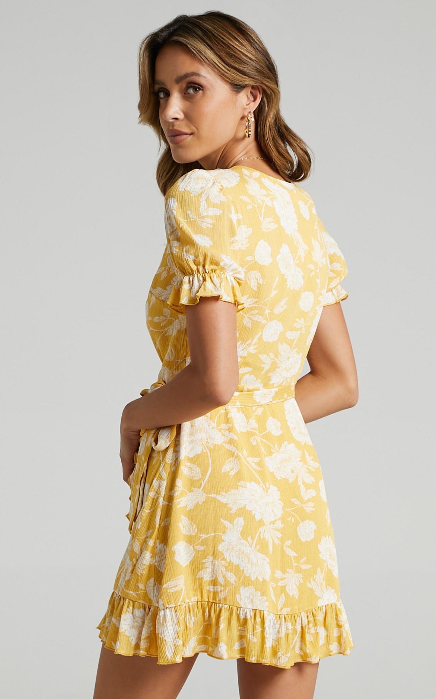 Seaside Views wrap mini Dress in Yellow Floral