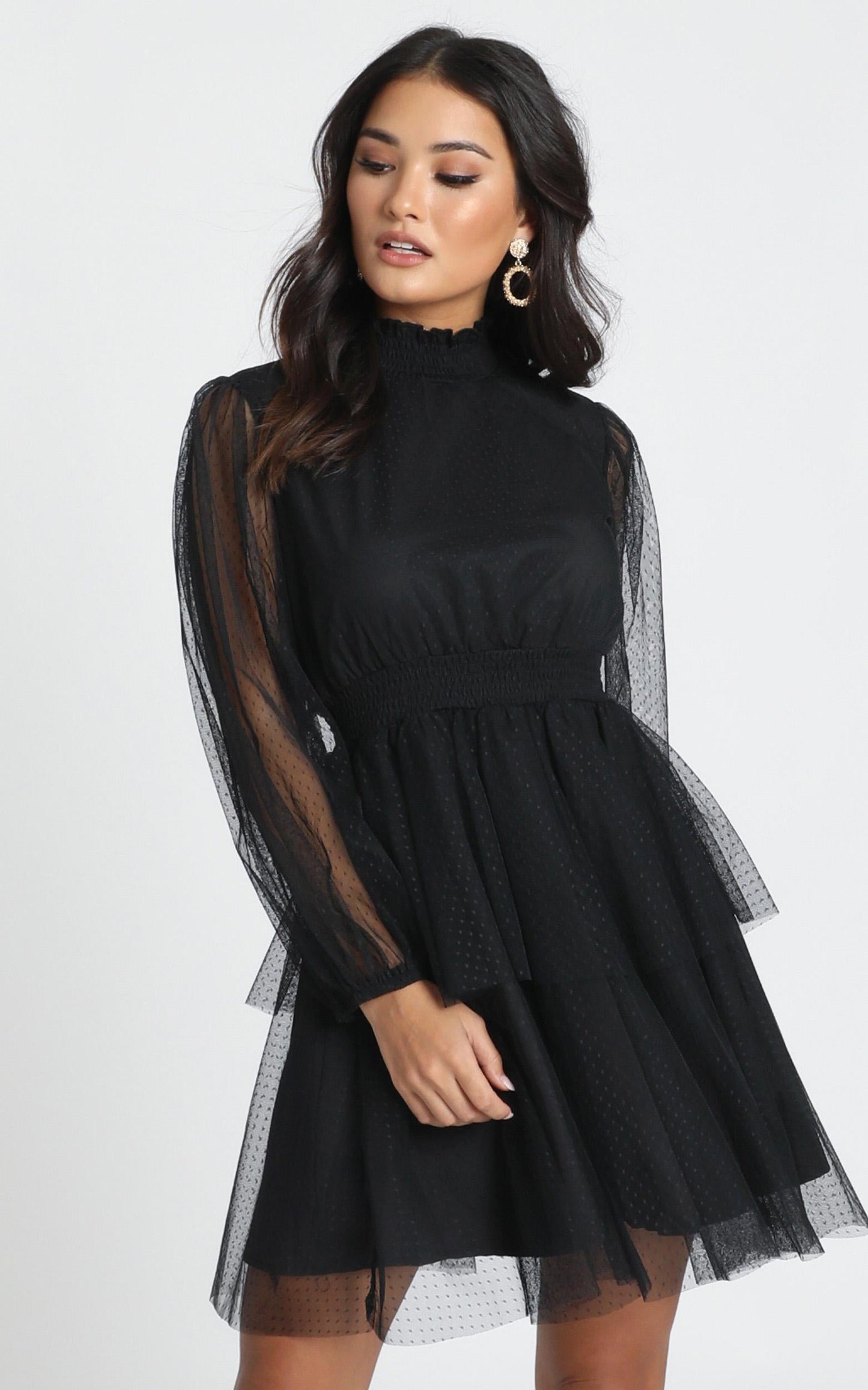 Selene Tiered Mesh Mini Dress In Black Spot