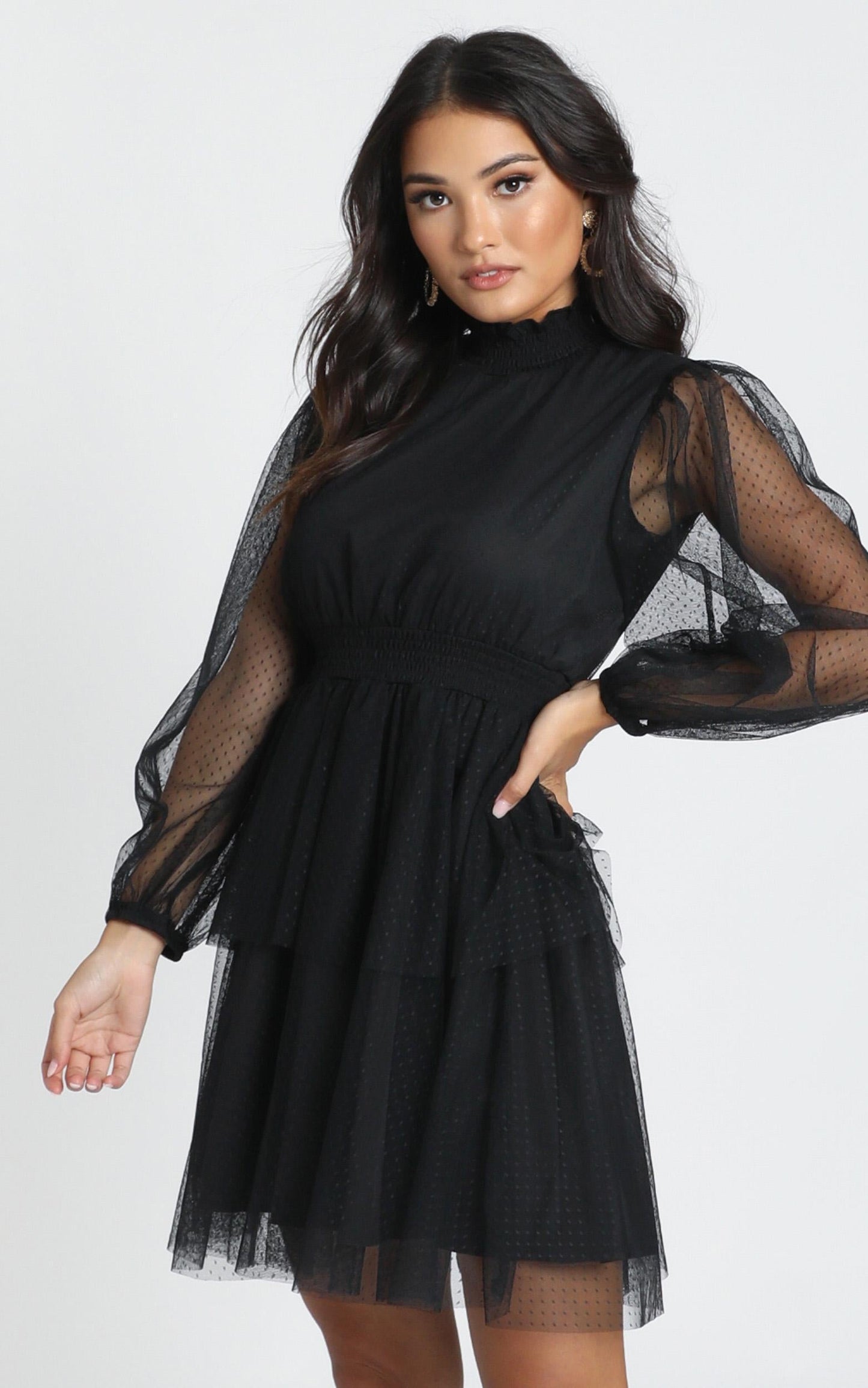 Selene Tiered Mesh Mini Dress In Black Spot