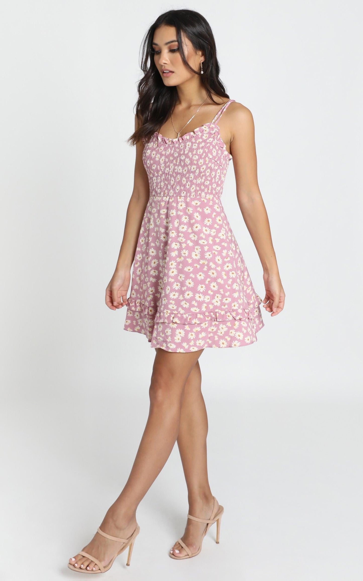 Serenity Shirred Bodice Mini Dress In Pink Floral