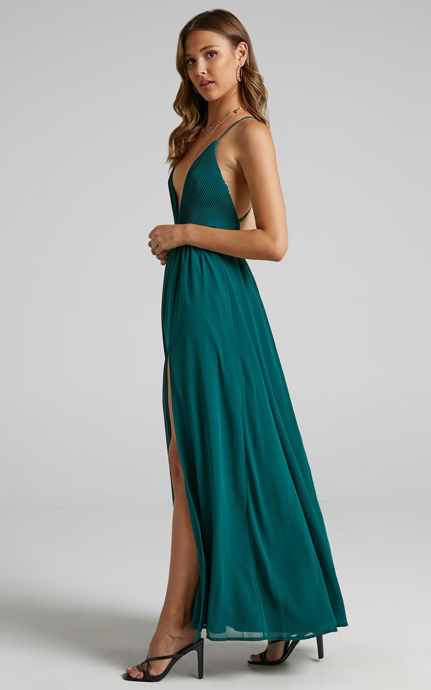 Shes A Delight Midi Dress - Plunge Thigh Split Dress in Emerald