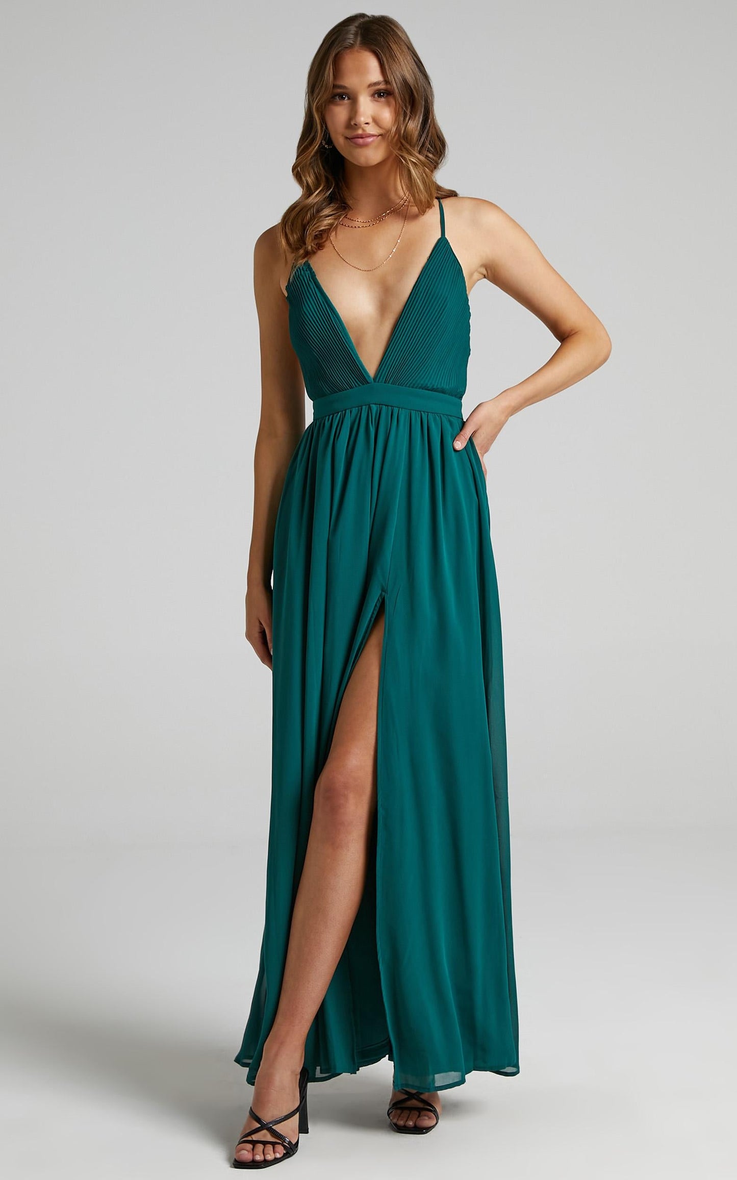 Shes A Delight Midi Dress - Plunge Thigh Split Dress in Emerald