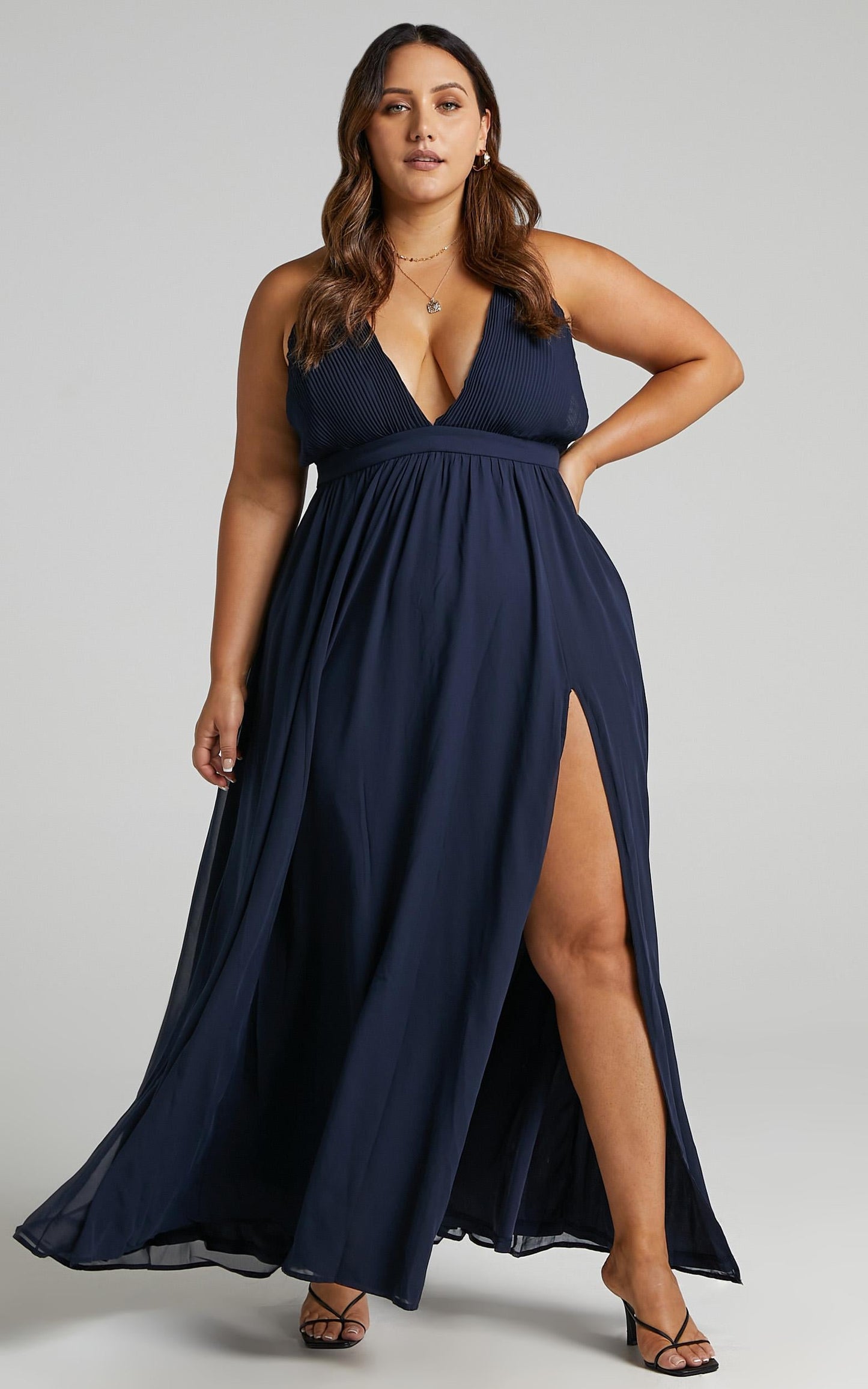 Shes A Delight Midi Dress - Plunge Thigh Split Dress in Navy