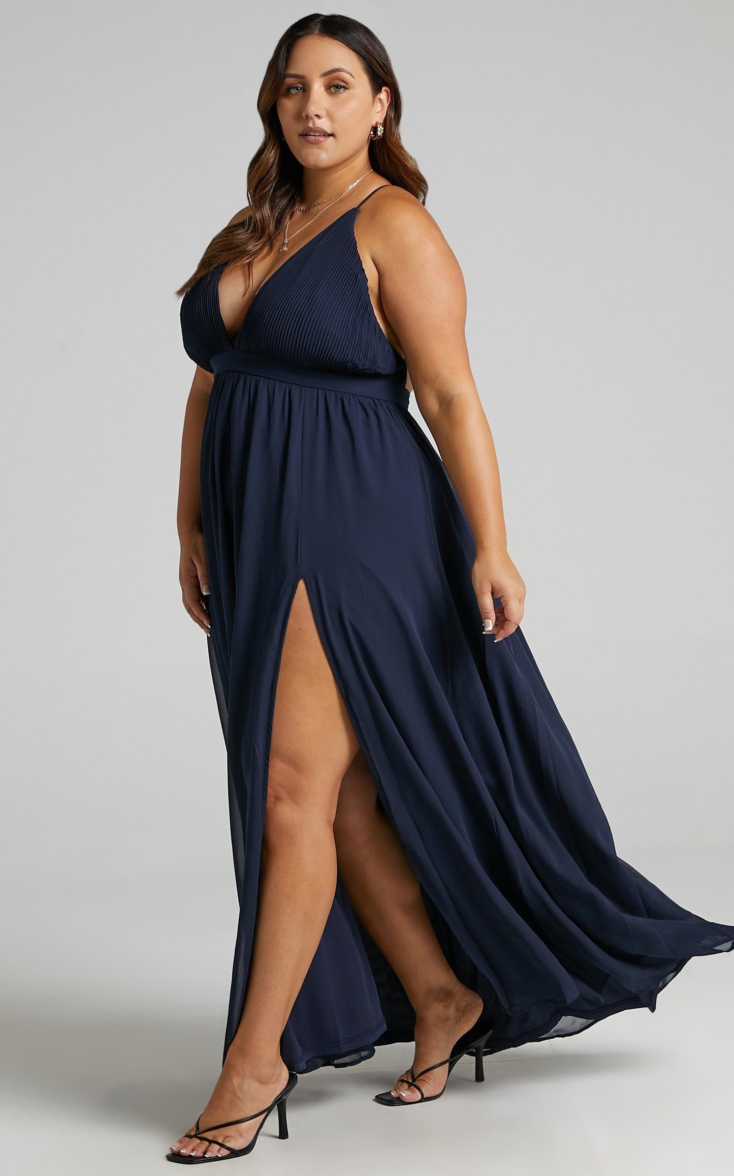 Shes A Delight Midi Dress - Plunge Thigh Split Dress in Navy