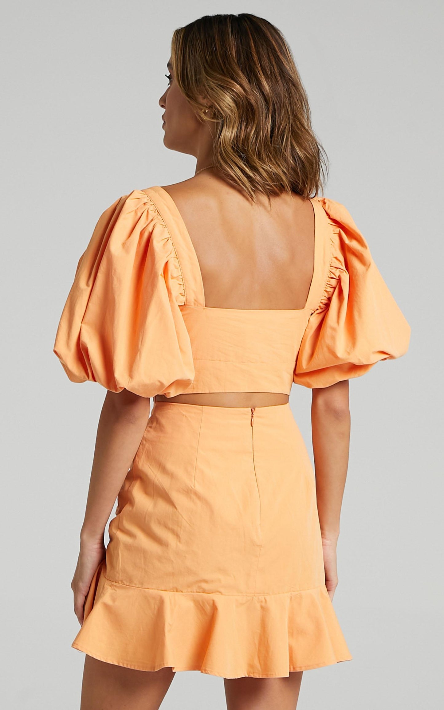 Astarte Two Piece Set - Puff Sleeve Crop Top and Ruched Mini Skirt Set in Sherbet
