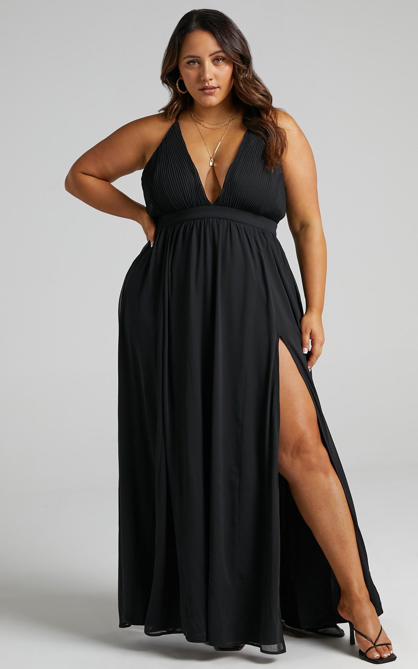 Shes A Delight Midi Dress - Plunge Thigh Split Dress in Black