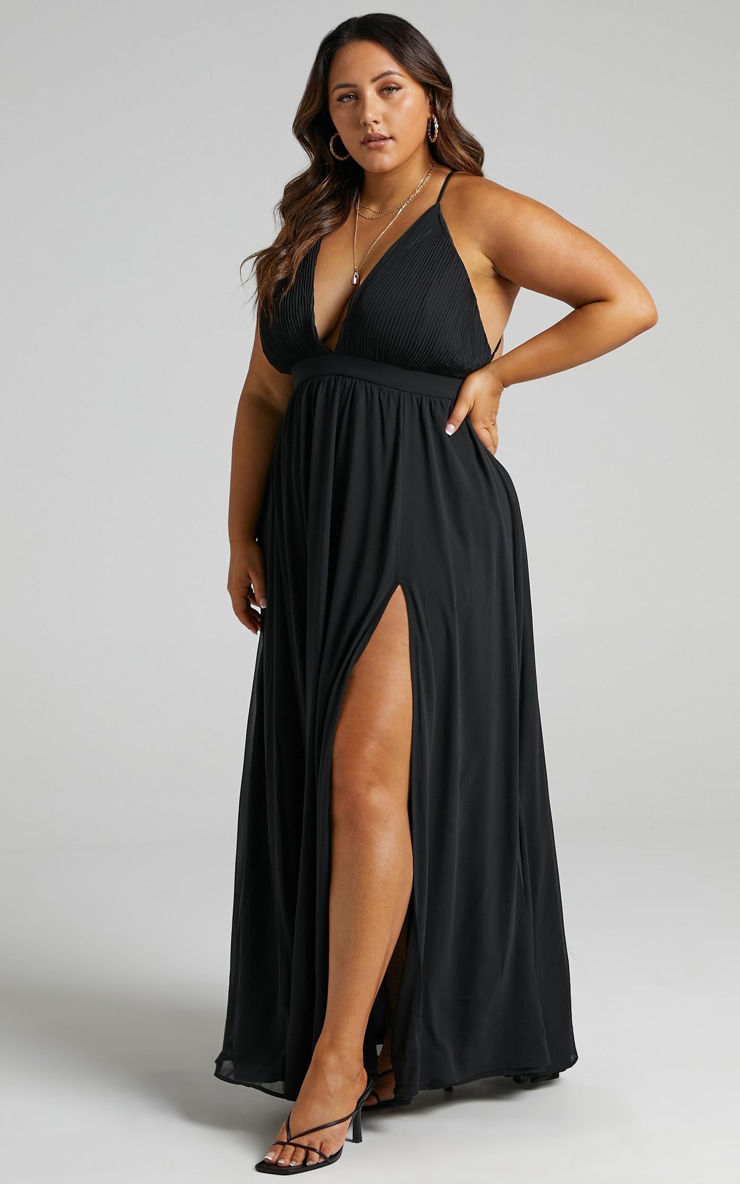 Shes A Delight Midi Dress - Plunge Thigh Split Dress in Black