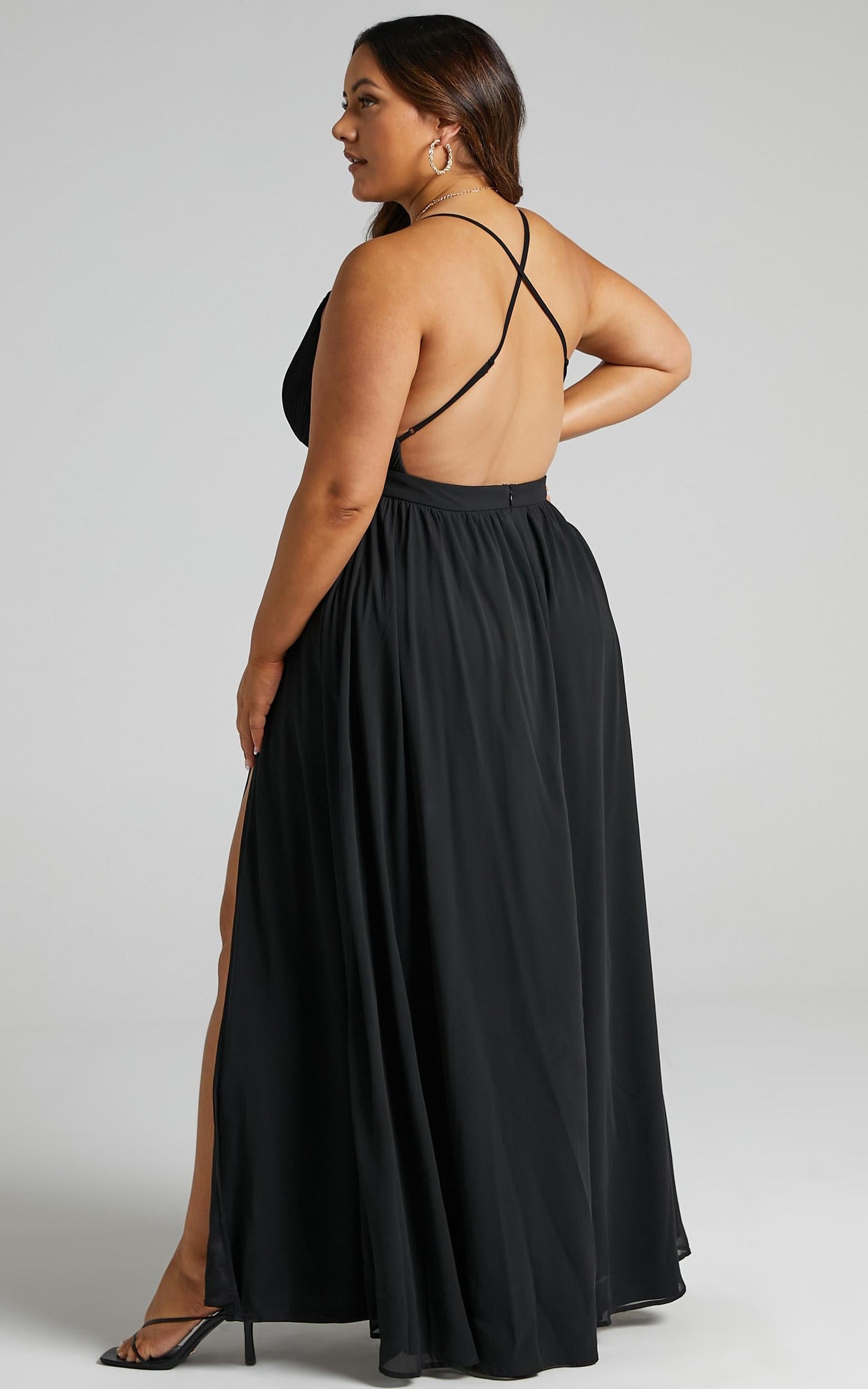 Shes A Delight Midi Dress - Plunge Thigh Split Dress in Black
