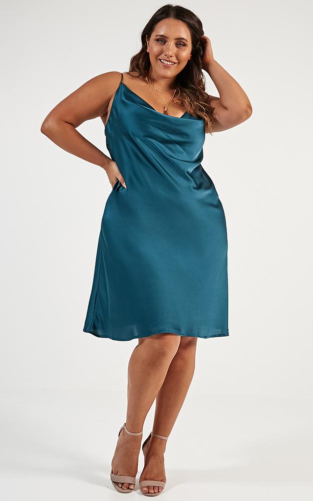 Shine Up Midi Dress In Teal Satin